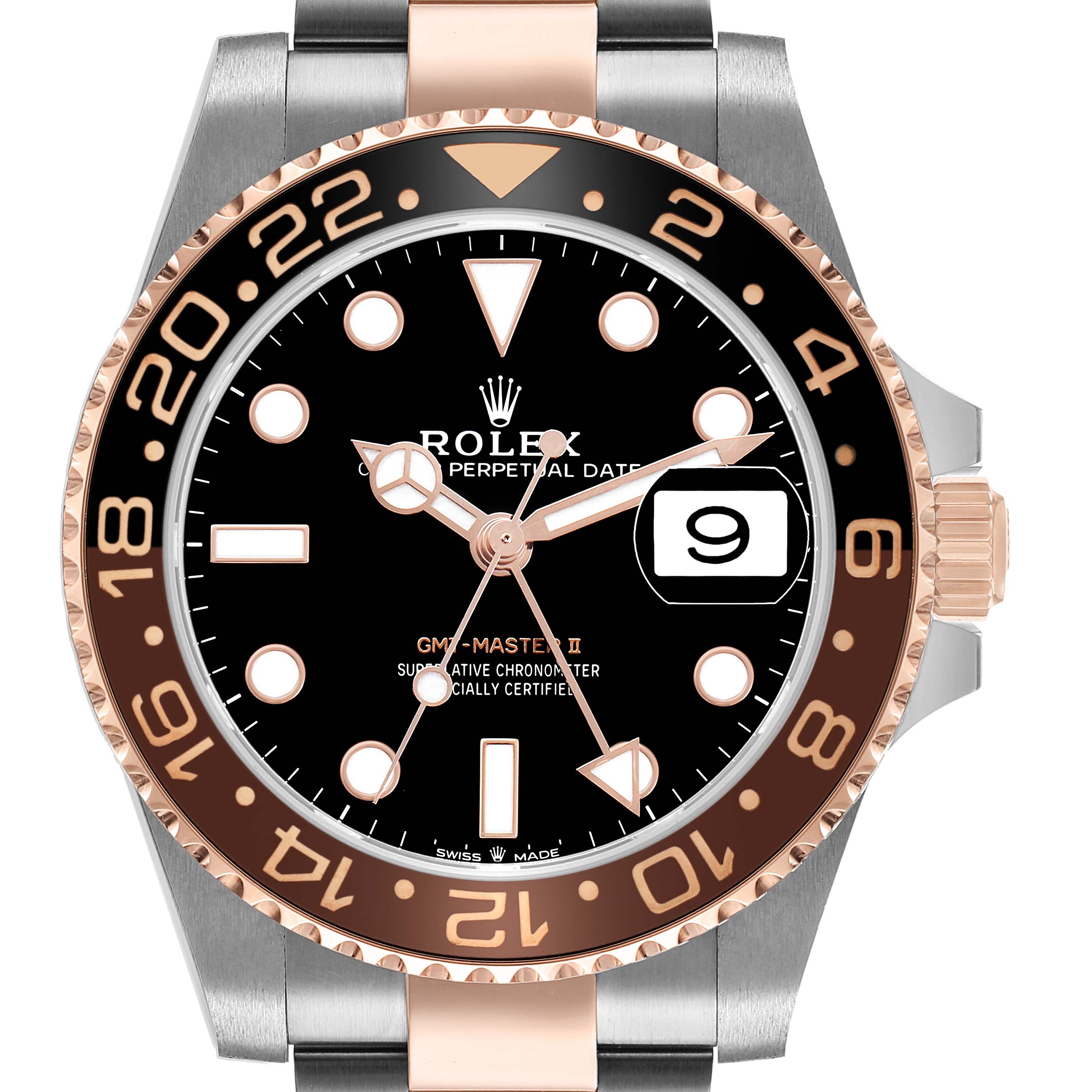 The Rolex GMT-Master 126711 Men's Steel and Gold (two tone) Black Dial watch is shown from a front angle, highlighting the bezel, dial, hands, and crown.