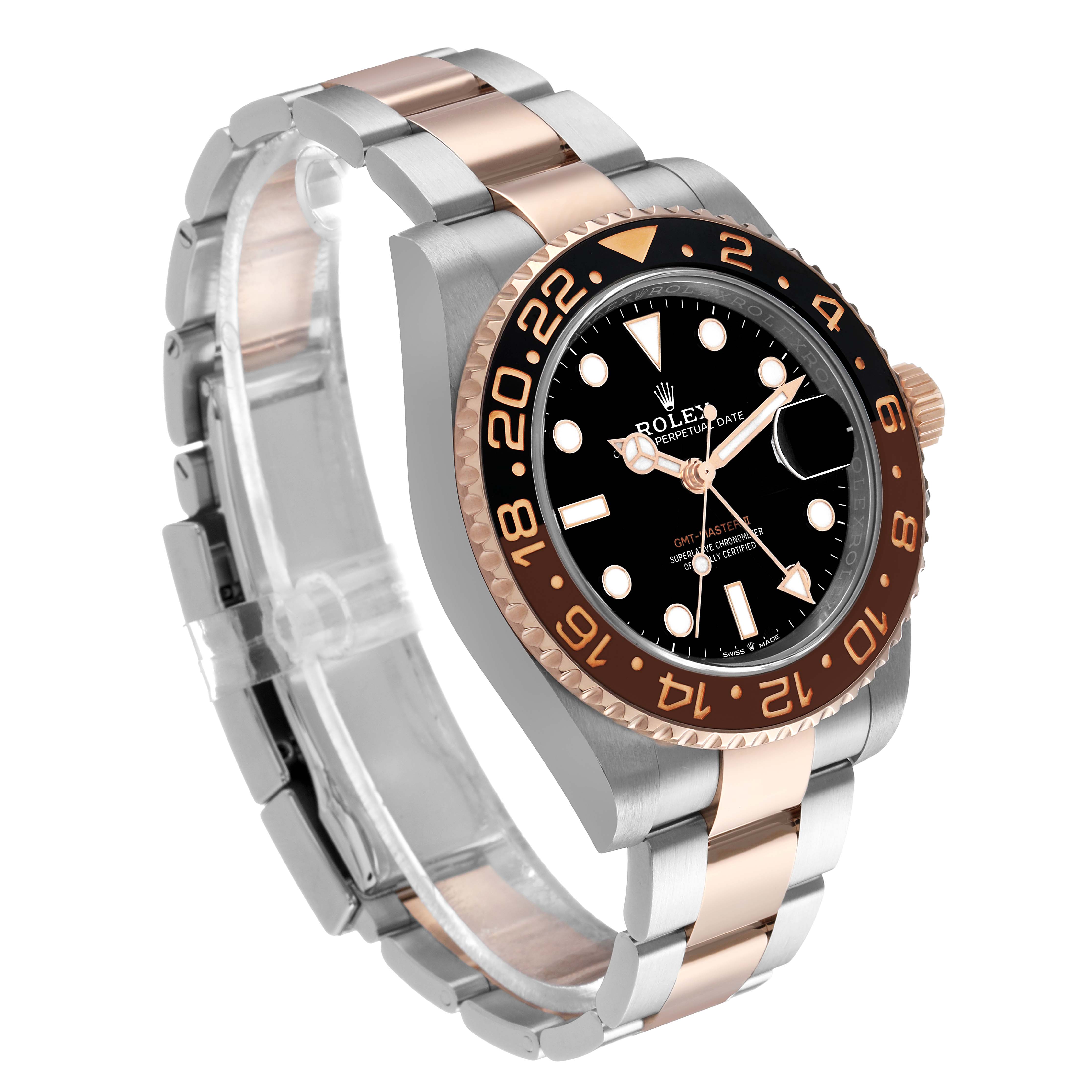 The Rolex GMT-Master 126711 Men's Steel and Gold (two tone) Black Dial watch is shown from a three-quarter angle, displaying its dial, bezel, case, and bracelet.