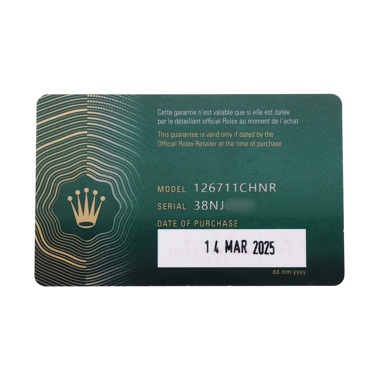 The image shows a guarantee card for the Rolex GMT-Master 126711 Men's Steel and Gold (two tone) Black Dial model, detailing the model and purchase date.