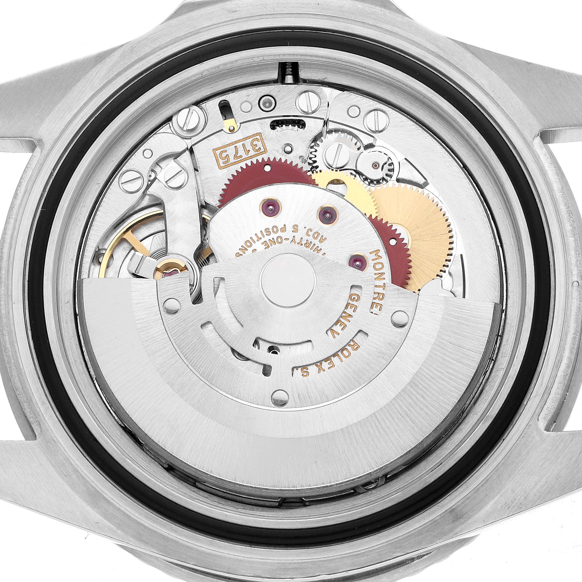 The image shows the movement and internal mechanism of the Rolex GMT-Master 16700 Men's Stainless Steel Black Dial watch from the back.