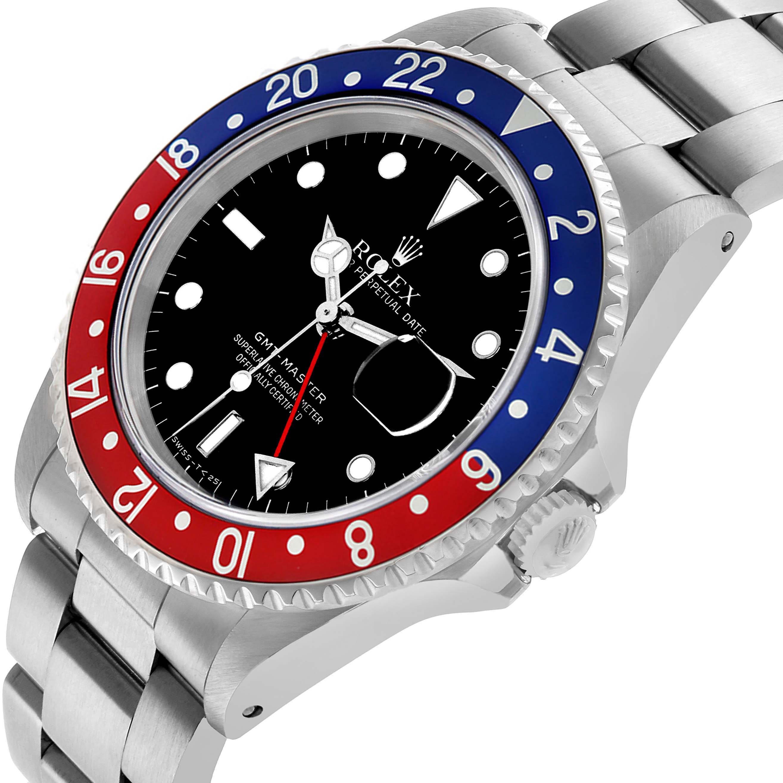 The Rolex GMT-Master 16700 Men's Stainless Steel Black Dial watch is shown at an angled view highlighting the bezel, dial, crown, and part of the bracelet.