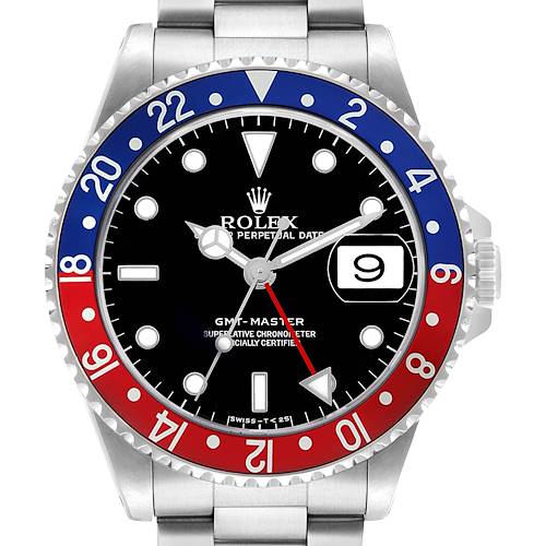 The Rolex GMT-Master 16700 Men's Stainless Steel Black Dial watch is shown from a front angle, displaying the bezel, dial, and bracelet.