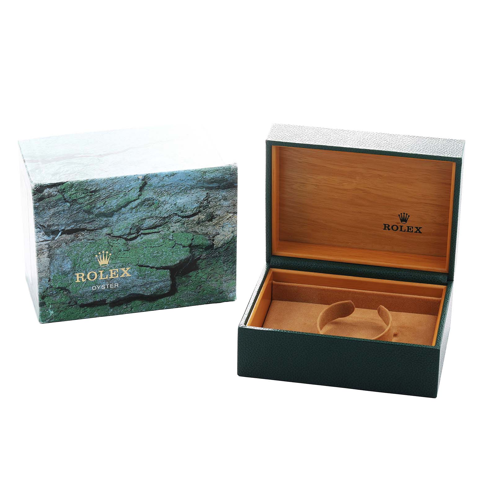 The image shows the packaging for a Rolex GMT-Master 16700 Men's Stainless Steel Black Dial, featuring an open green watch box and an outer cardboard box with the Rolex logo.