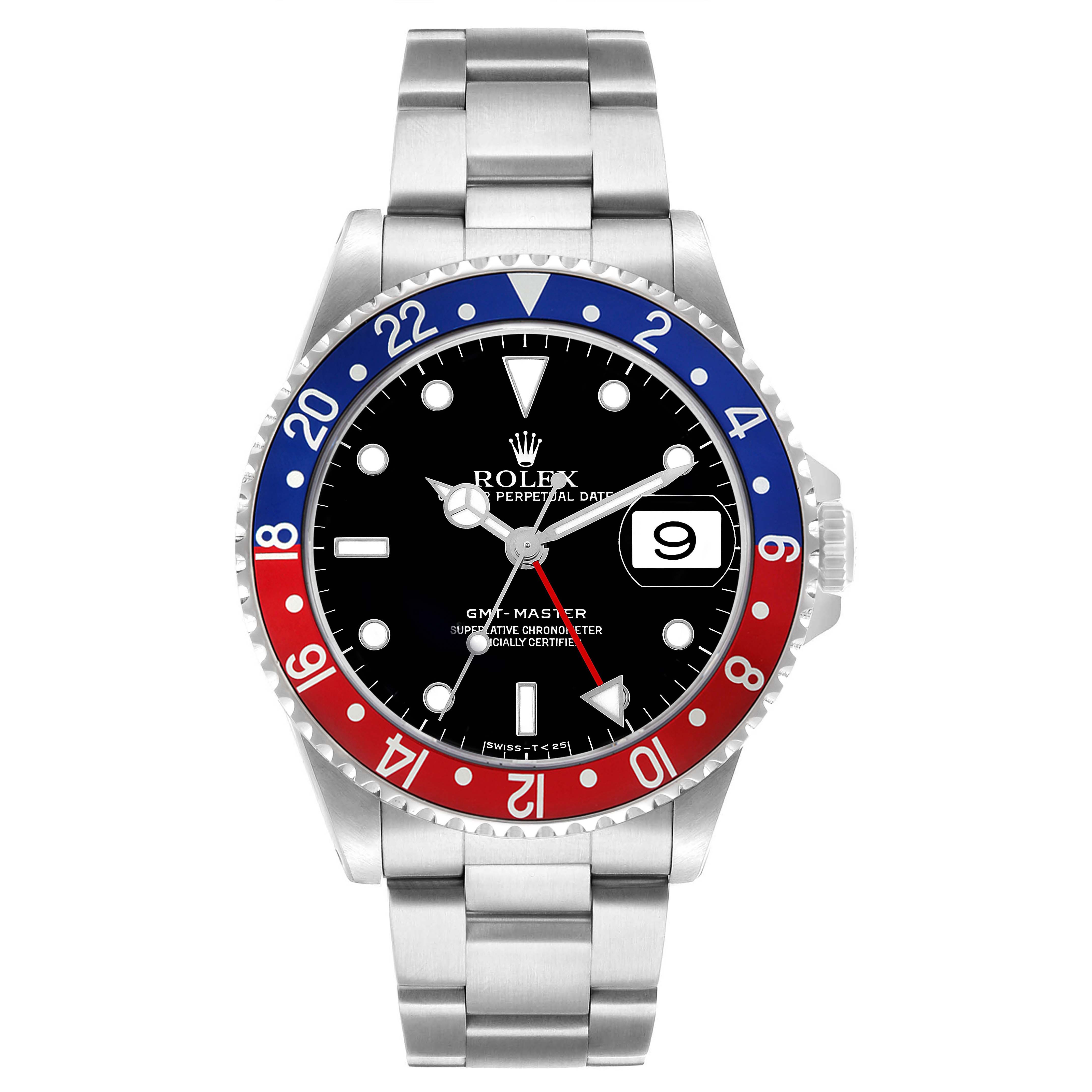 The Rolex GMT-Master 16700 Men's Stainless Steel Black Dial is shown from a front angle, displaying the bezel, dial, hands, and bracelet.