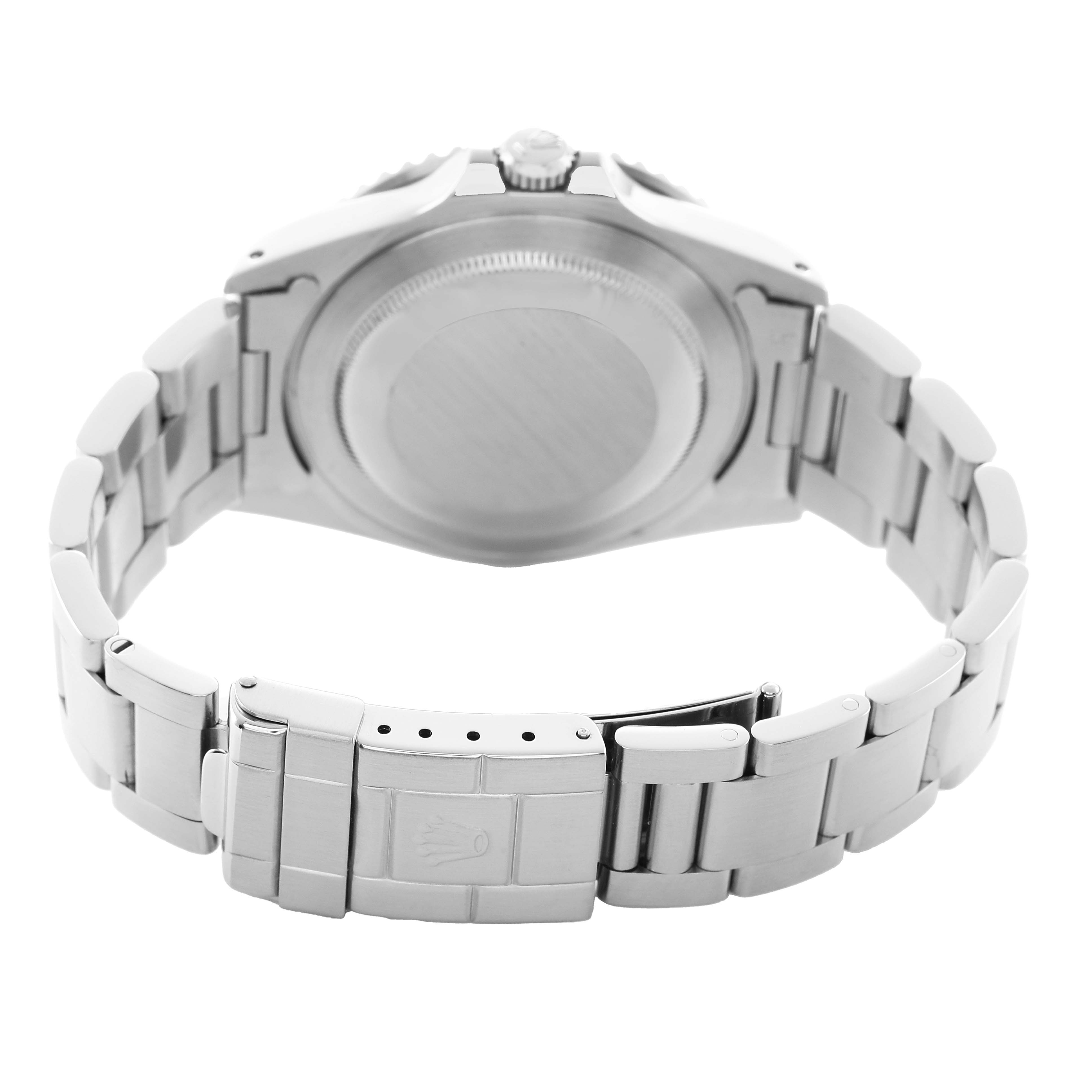 The image shows a Rolex GMT-Master 16700 Men's Stainless Steel Black Dial watch from the back, highlighting the case back and bracelet clasp.