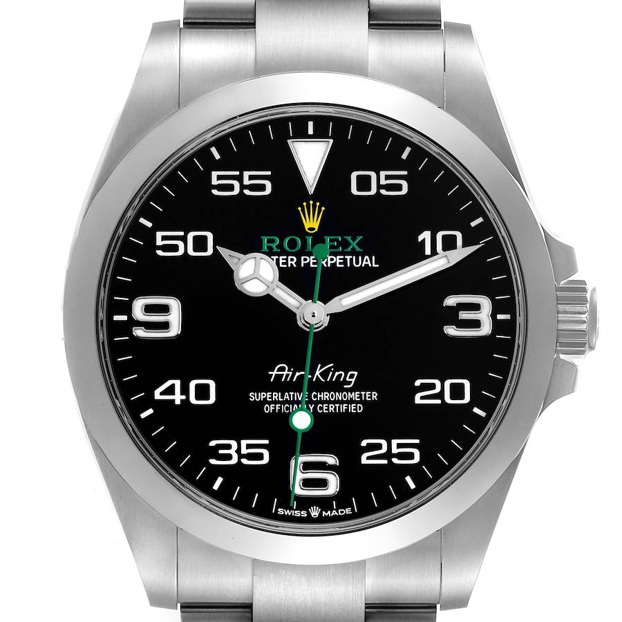 The Rolex Air-King watch is shown from a front angle, highlighting the dial, bezel, crown, and part of the bracelet.