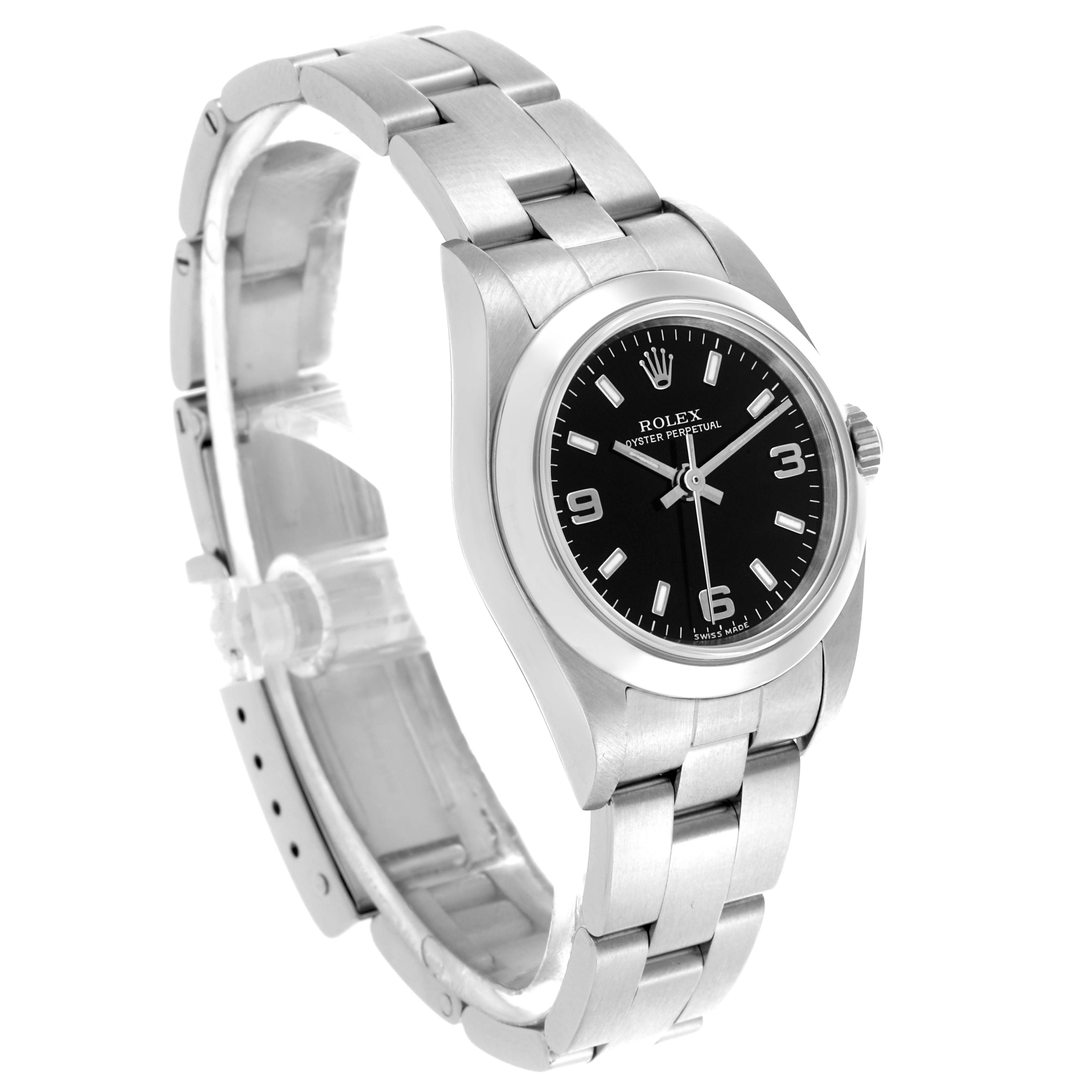 The Rolex Oyster Perpetual 76080 Women's Stainless Steel Black Dial 76080 Women's Stainless Steel Black Dial watch is shown at a three-quarter angle, displaying its black dial, bezel, and stainless steel bracelet.
