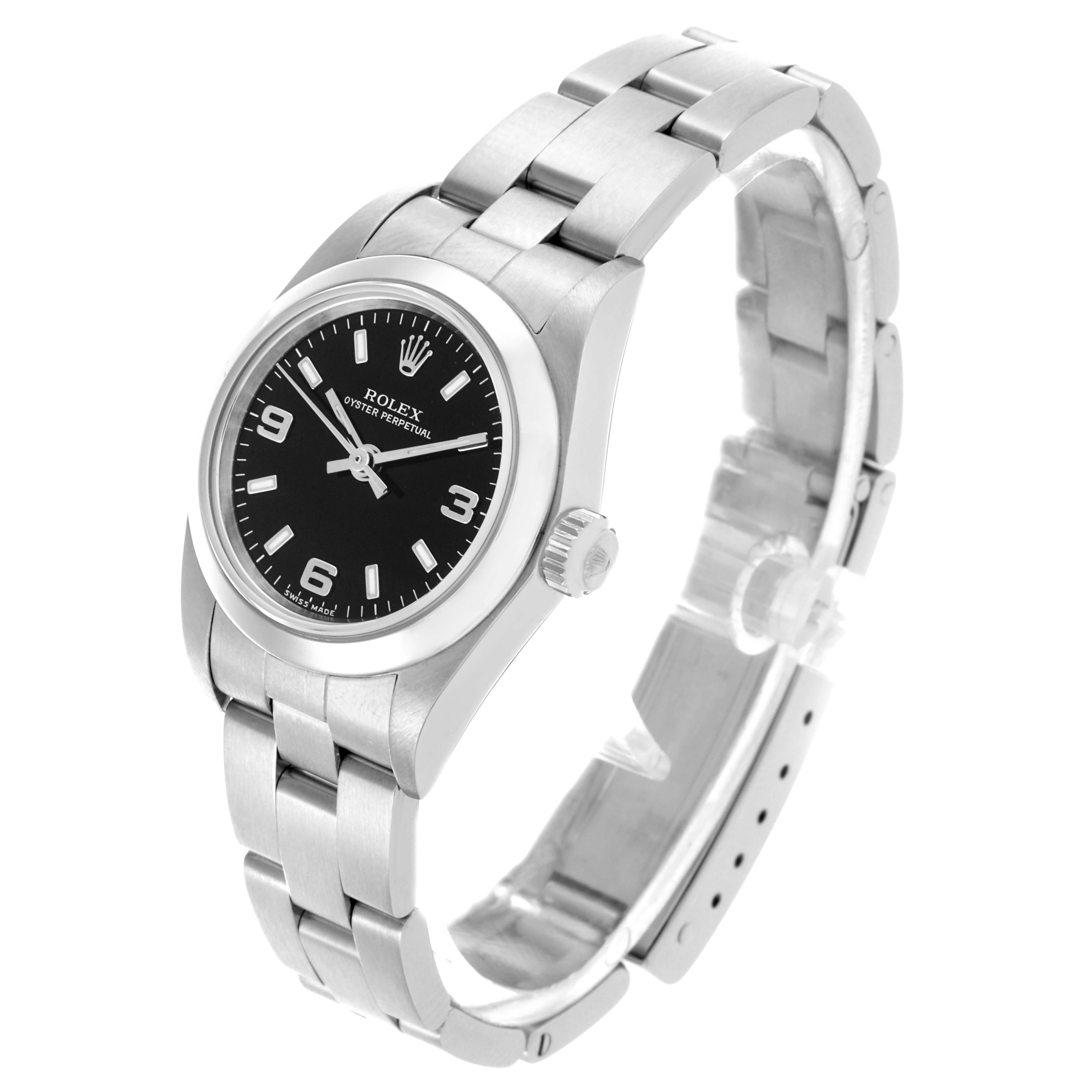 The Rolex Oyster Perpetual 76080 Women's Stainless Steel Black Dial 76080 Women's Stainless Steel Black Dial watch is shown from an angled view, highlighting the face, bezel, crown, and bracelet.