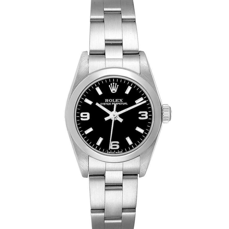 The Rolex Oyster Perpetual watch is shown from a front angle, displaying the face, bezel, and bracelet clearly.