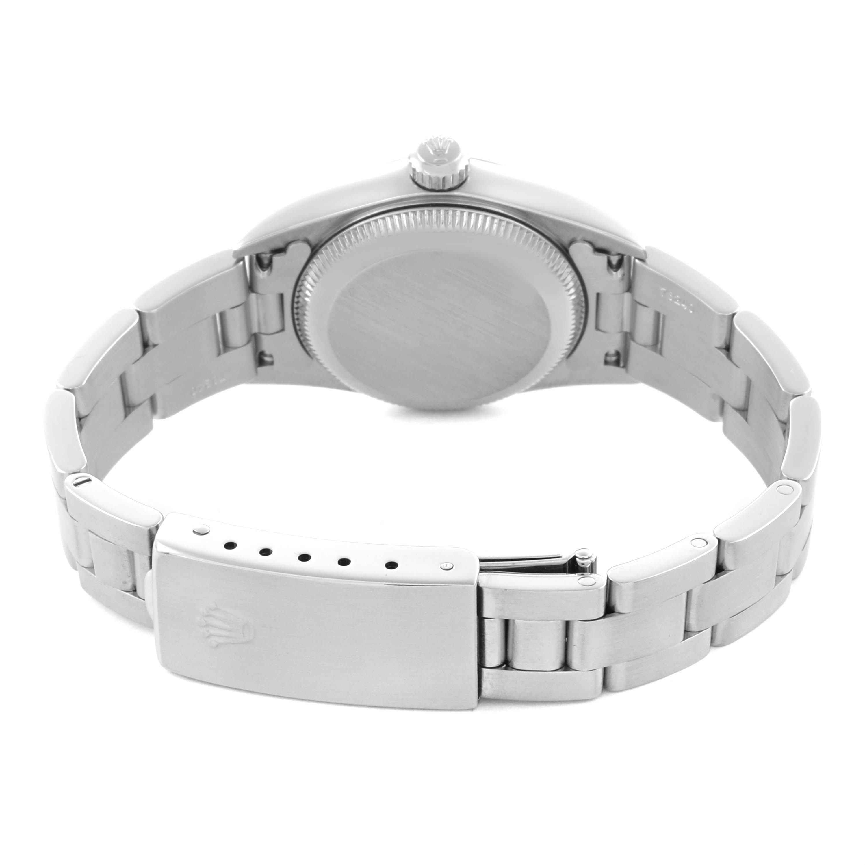 The image shows the back of a Rolex Oyster Perpetual 76080 Women's Stainless Steel Black Dial 76080 Women's Stainless Steel Black Dial watch, highlighting the case back and clasp from the underside.