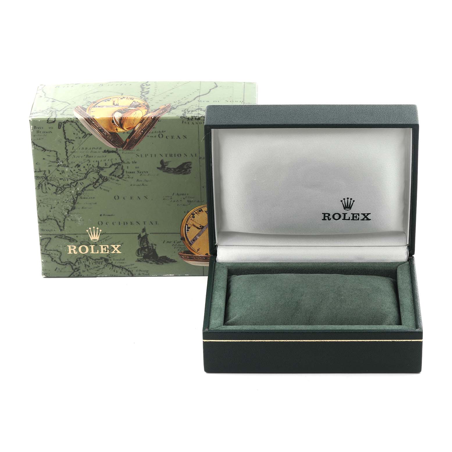 The image shows an open green Rolex box and its outer packaging for the Oyster Perpetual model.