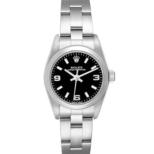 The Rolex Oyster Perpetual watch is shown from a front angle, displaying the black dial, crown, and stainless steel bracelet.