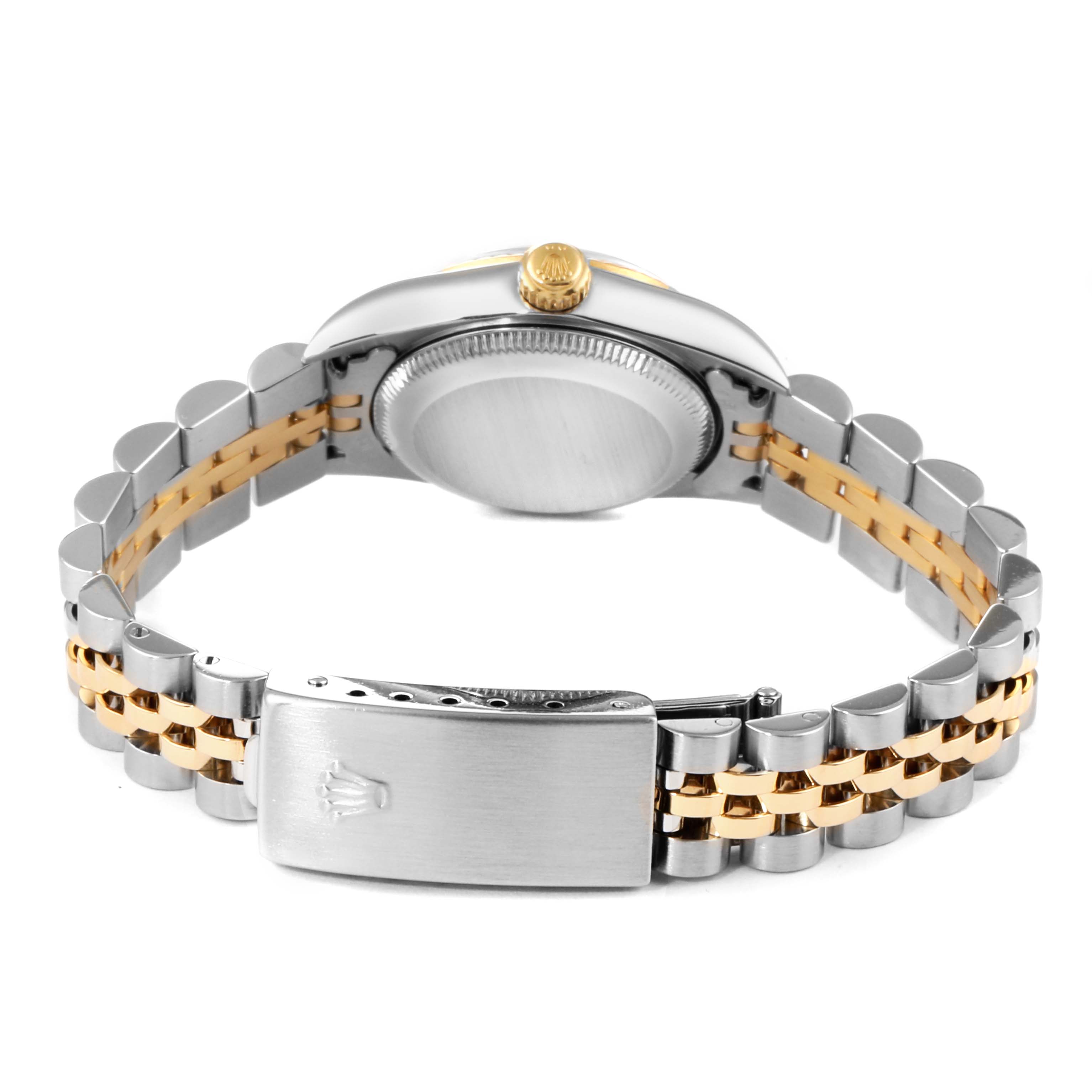 The image shows the back view of the Rolex Oyster Perpetual 76193 Women
s Steel and Gold (two tone) Champagne Dial 76193 Women
s Steel and Gold (two tone) Champagne Dial watch, highlighting the bracelet and clasp.