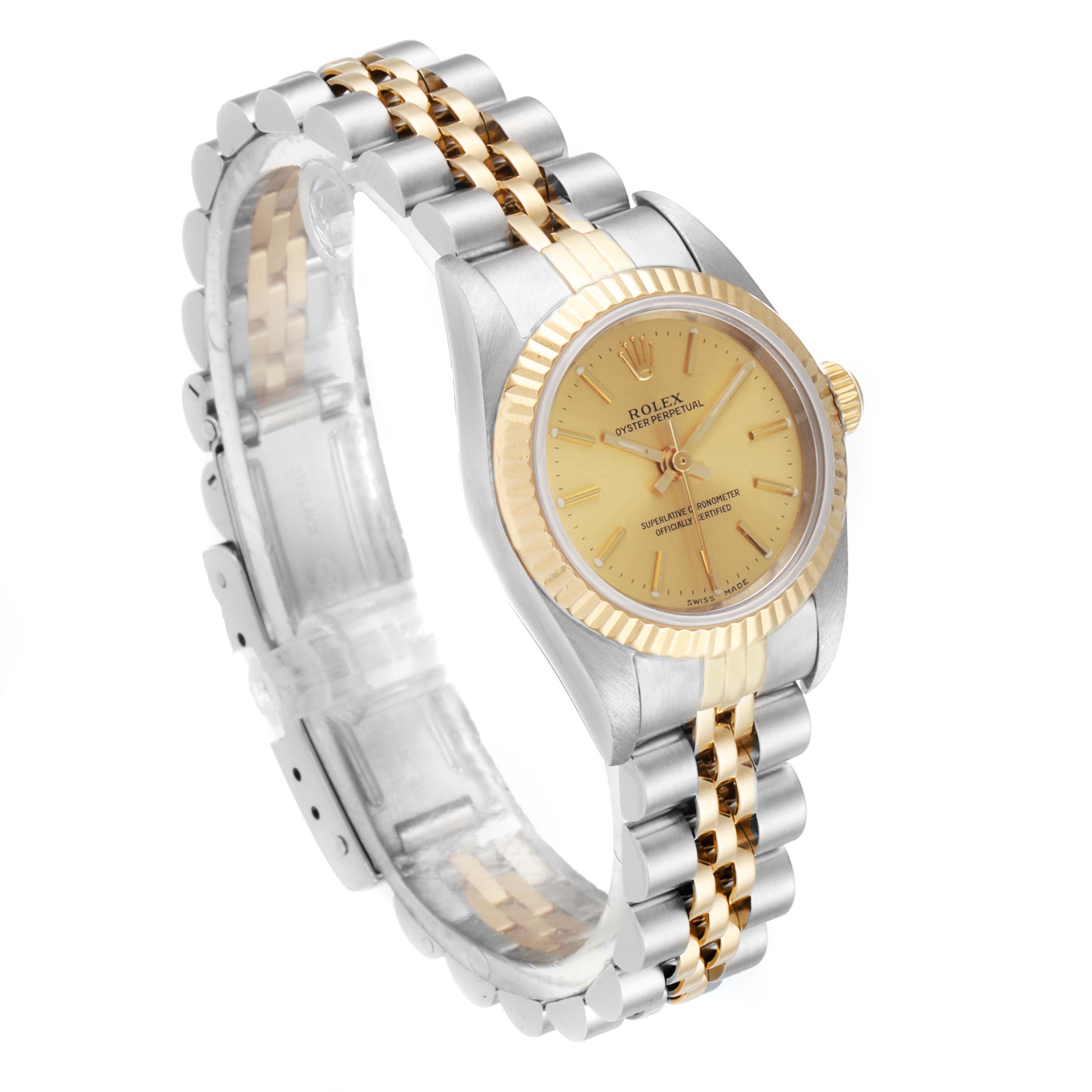 The image shows a side angle of a Rolex Oyster Perpetual 76193 Women
s Steel and Gold (two tone) Champagne Dial 76193 Women
s Steel and Gold (two tone) Champagne Dial watch, highlighting its two-tone bracelet and gold dial.