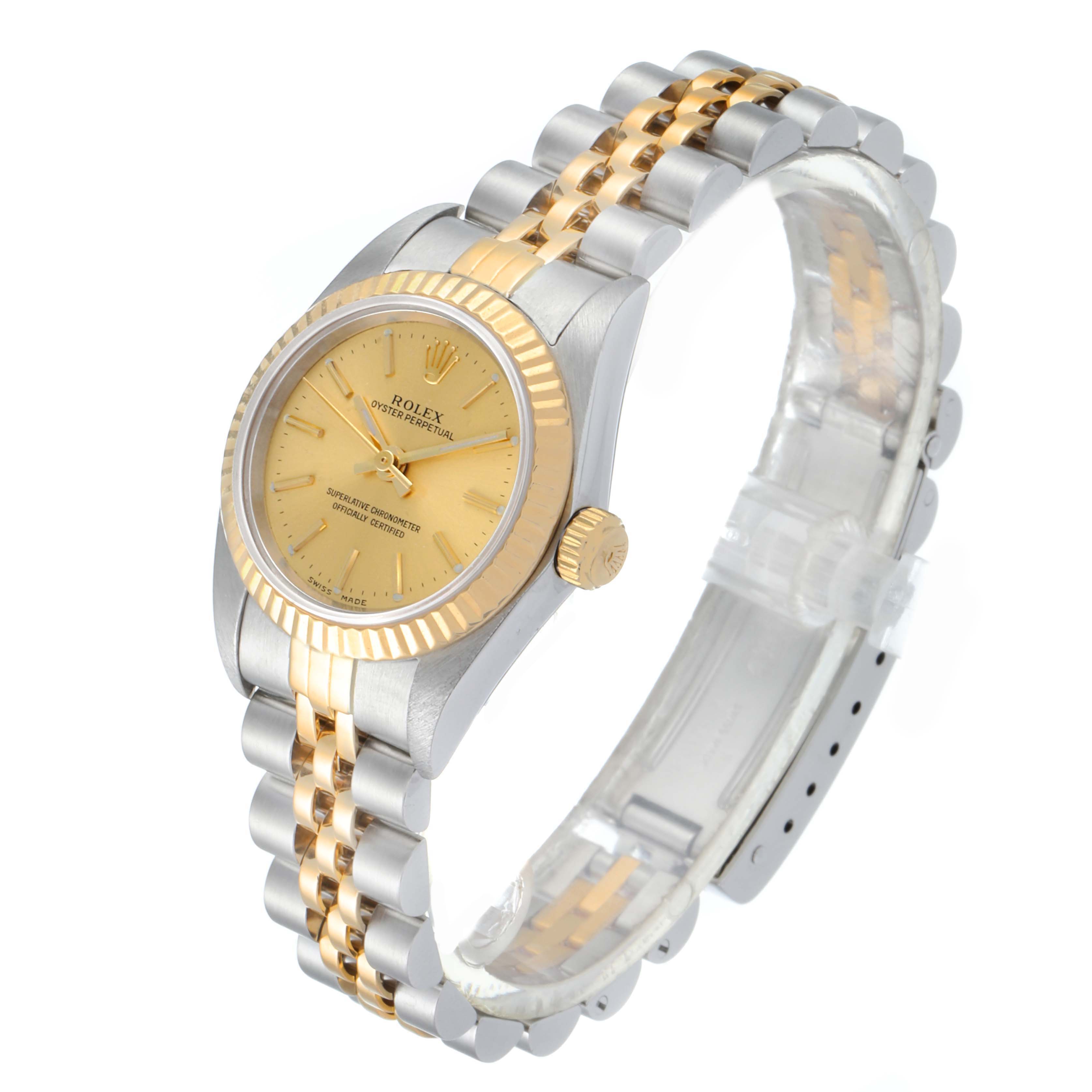 The image shows a Rolex Oyster Perpetual 76193 Women
s Steel and Gold (two tone) Champagne Dial 76193 Women
s Steel and Gold (two tone) Champagne Dial watch at a slight angle, highlighting its gold dial, bezel, and two-tone bracelet.