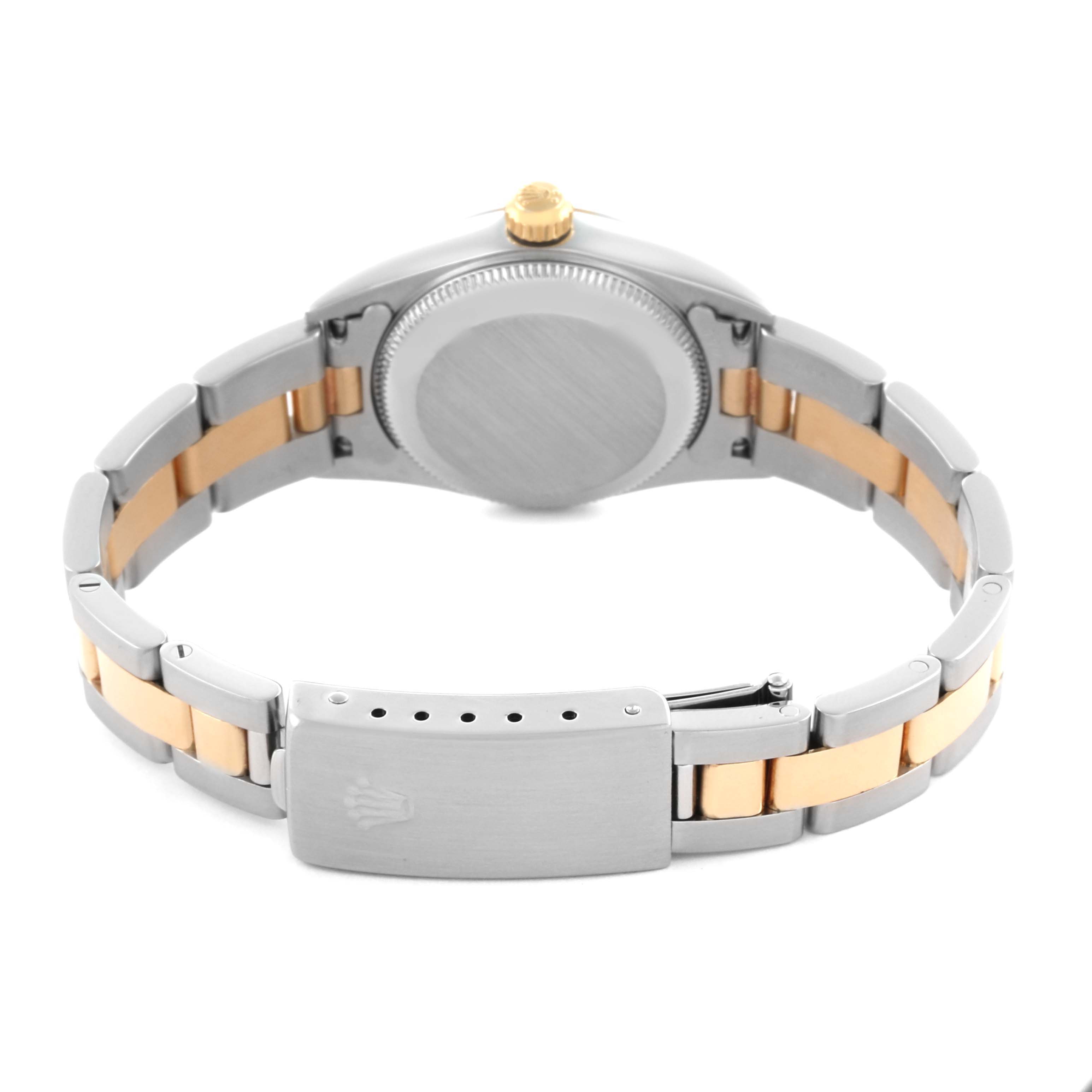 The image shows the back of a Rolex Oyster Perpetual 76183 Women's Steel and Gold (two tone) Silver Dial 76183 Women's Steel and Gold (two tone) Silver Dial watch, highlighting the clasp and bracelet.