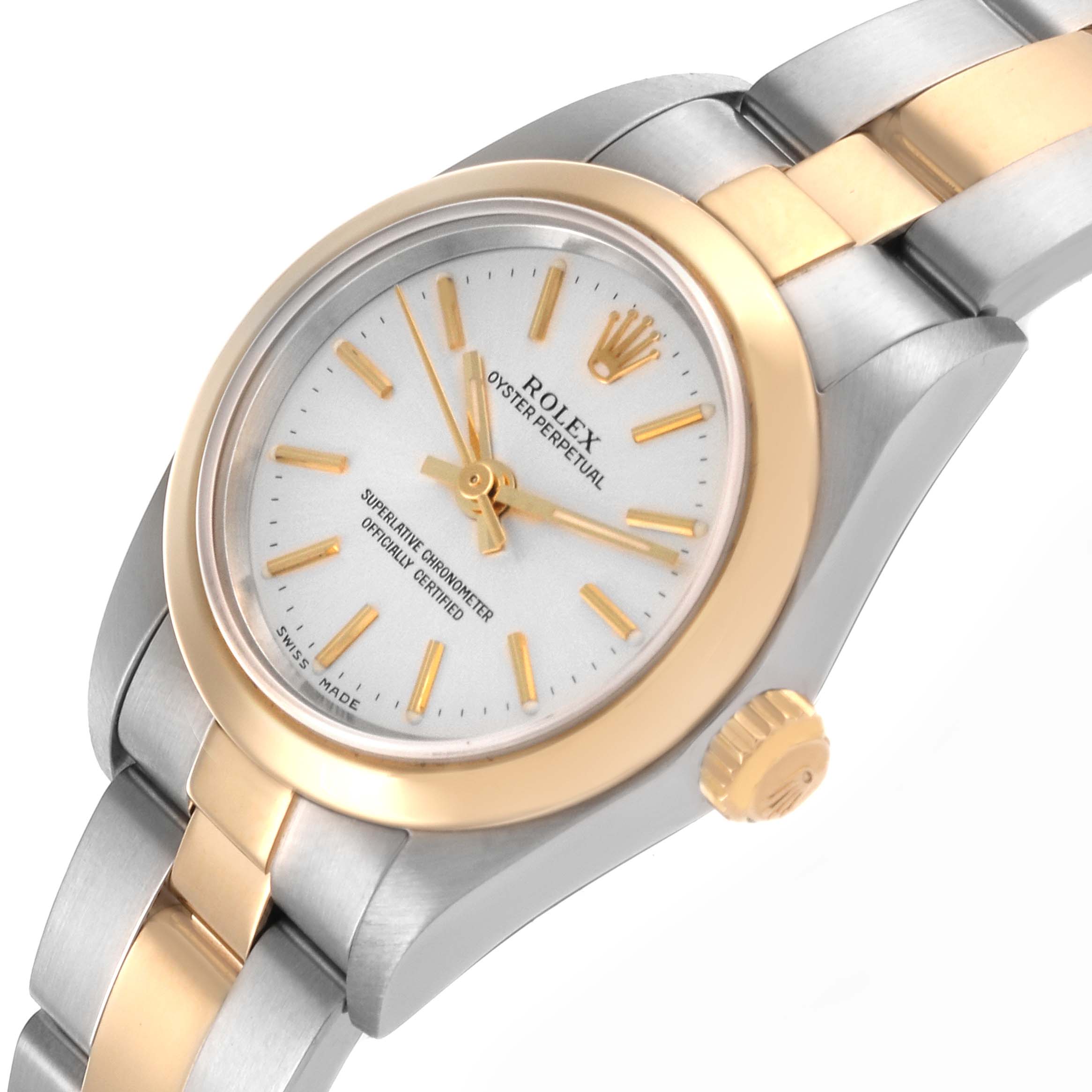The Rolex Oyster Perpetual 76183 Women's Steel and Gold (two tone) Silver Dial 76183 Women's Steel and Gold (two tone) Silver Dial watch is shown at a slight angle, displaying the face, bezel, and a portion of the bracelet.