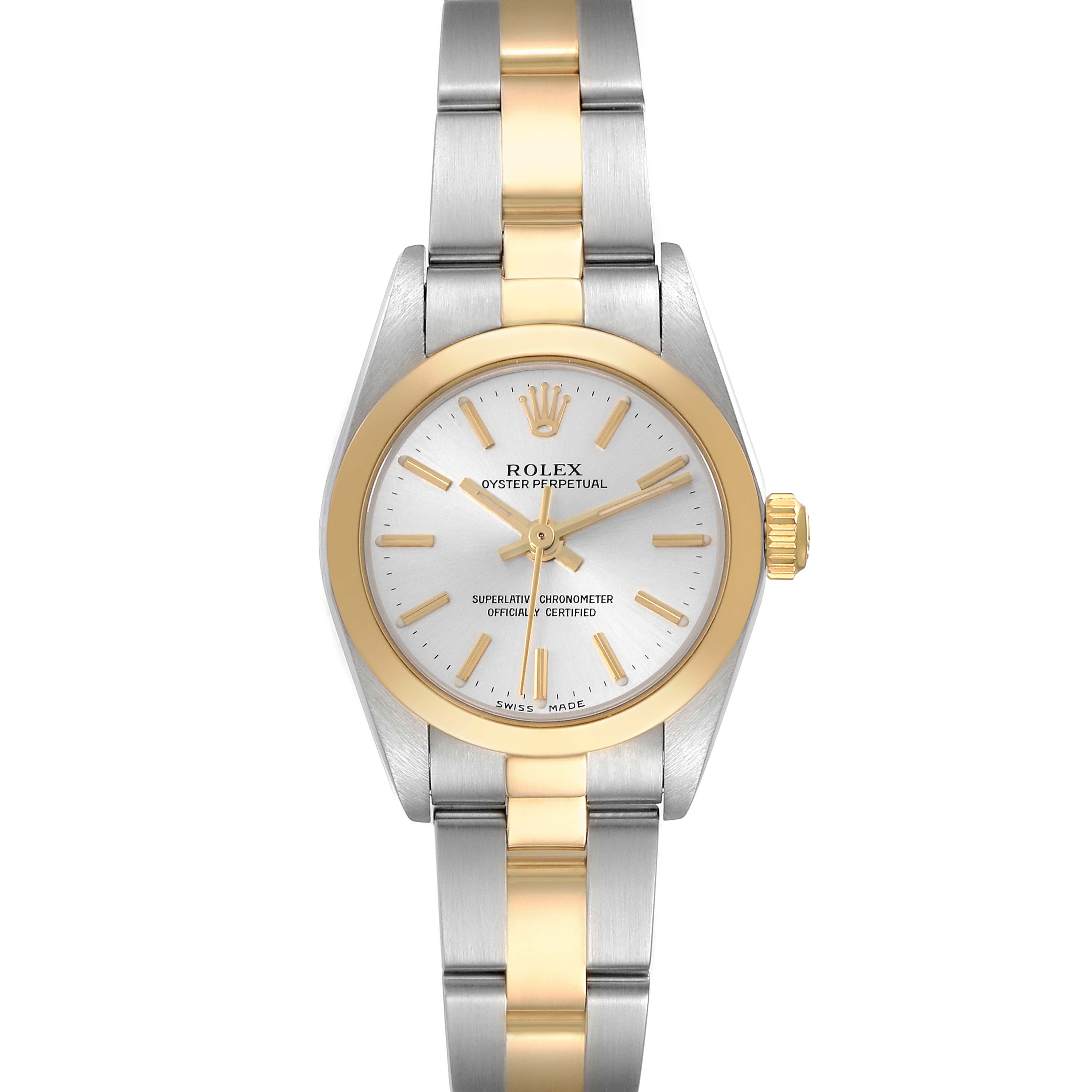 The Rolex Oyster Perpetual 76183 Women's Steel and Gold (two tone) Silver Dial 76183 Women's Steel and Gold (two tone) Silver Dial watch is shown from a front view, highlighting the dial, bezel, and bracelet.