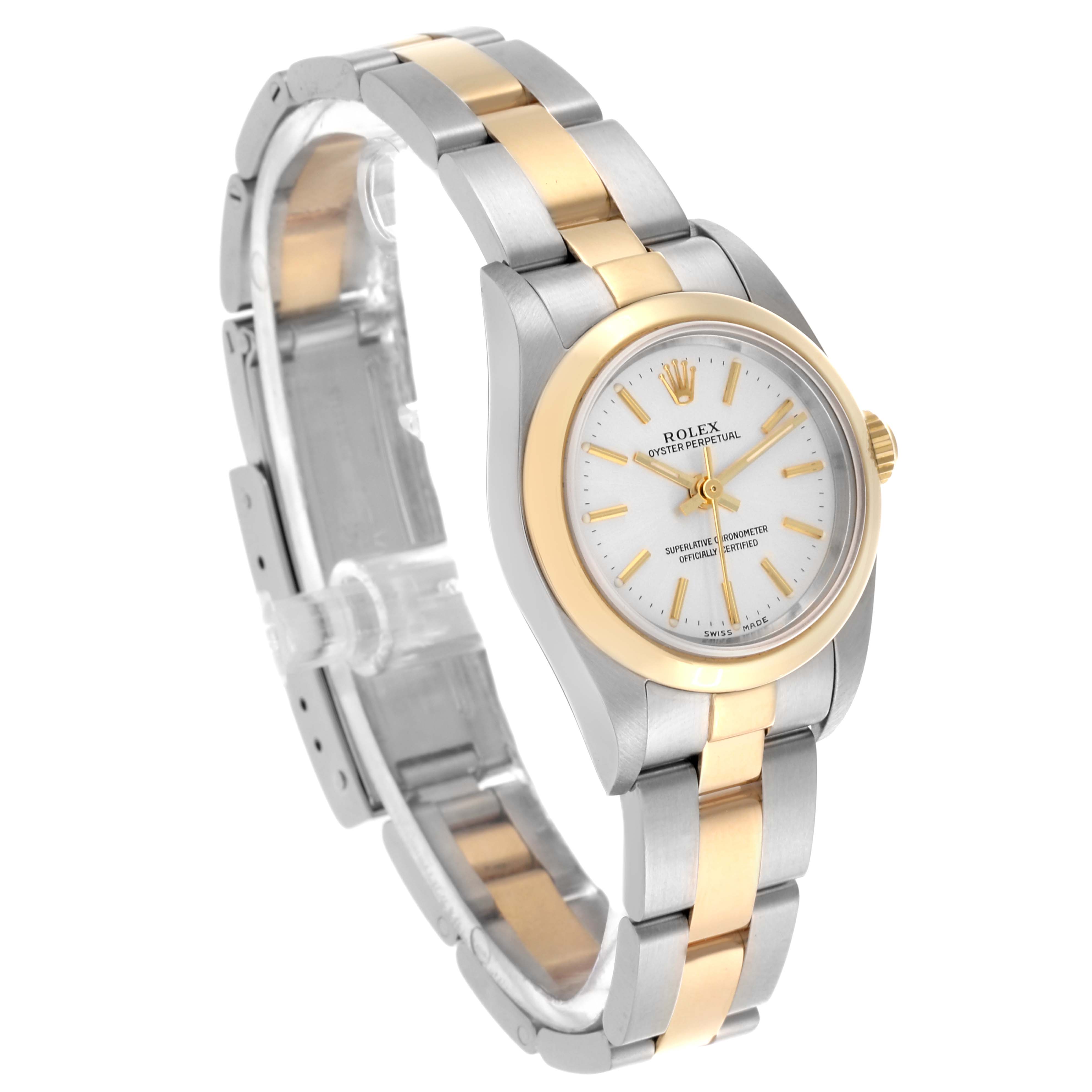 The Rolex Oyster Perpetual 76183 Women's Steel and Gold (two tone) Silver Dial 76183 Women's Steel and Gold (two tone) Silver Dial watch is shown at an angled side view, highlighting the two-tone bracelet, bezel, and face.