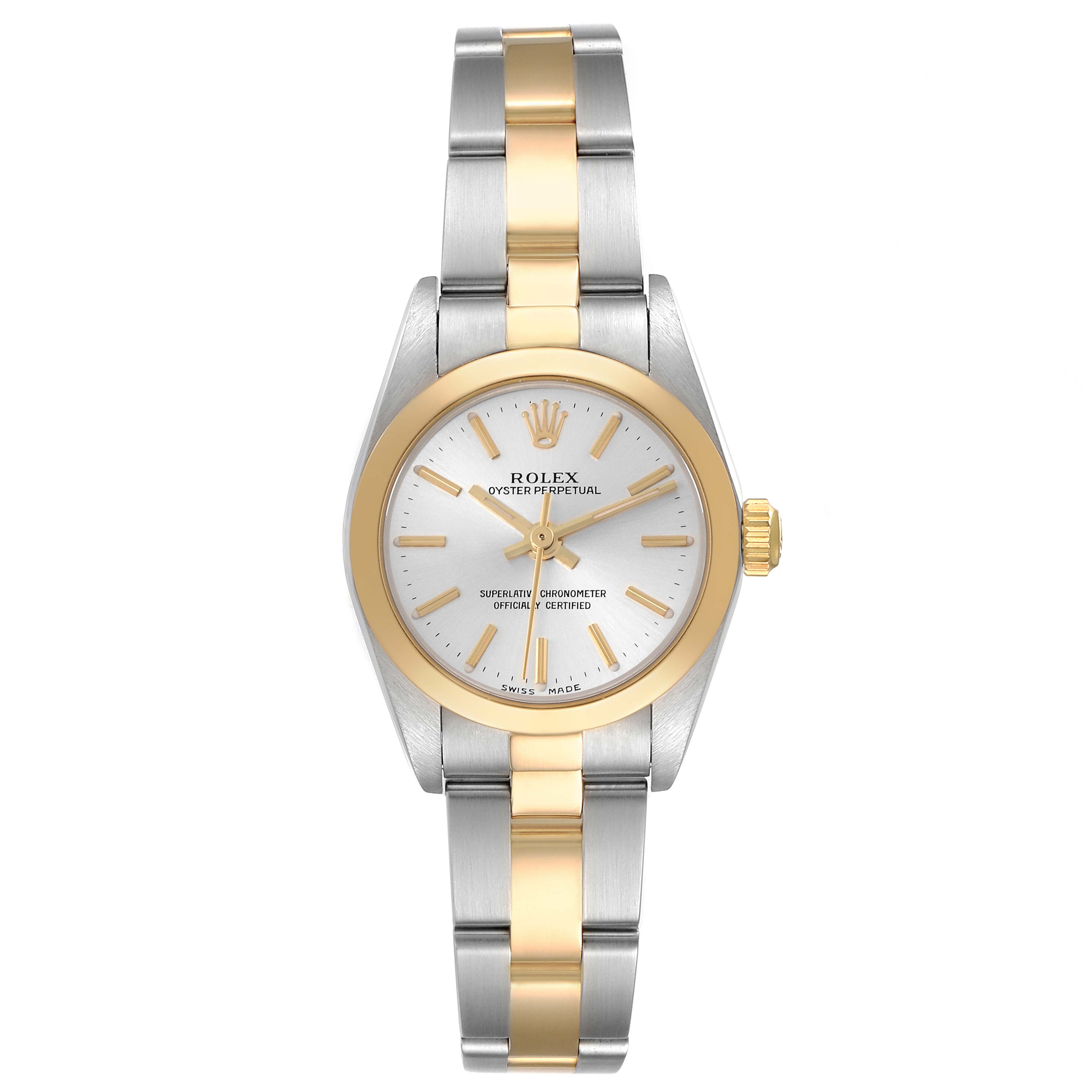 The Rolex Oyster Perpetual 76183 Women's Steel and Gold (two tone) Silver Dial 76183 Women's Steel and Gold (two tone) Silver Dial watch is shown from a front angle, displaying the dial, bezel, and bracelet.