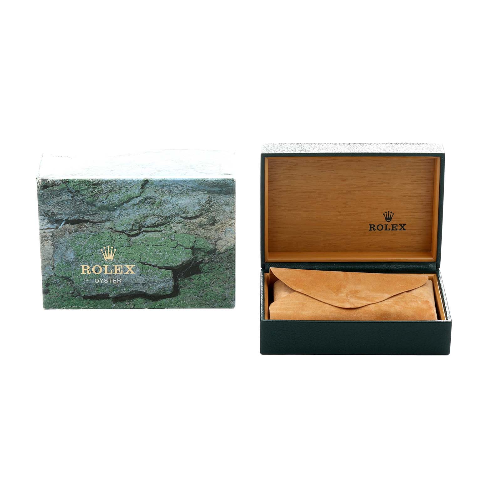 The image shows the packaging for a Rolex Oyster Perpetual 14203 Men's Steel and Gold (two tone) Silver Dial, including an open box with a suede pouch and a closed outer box.