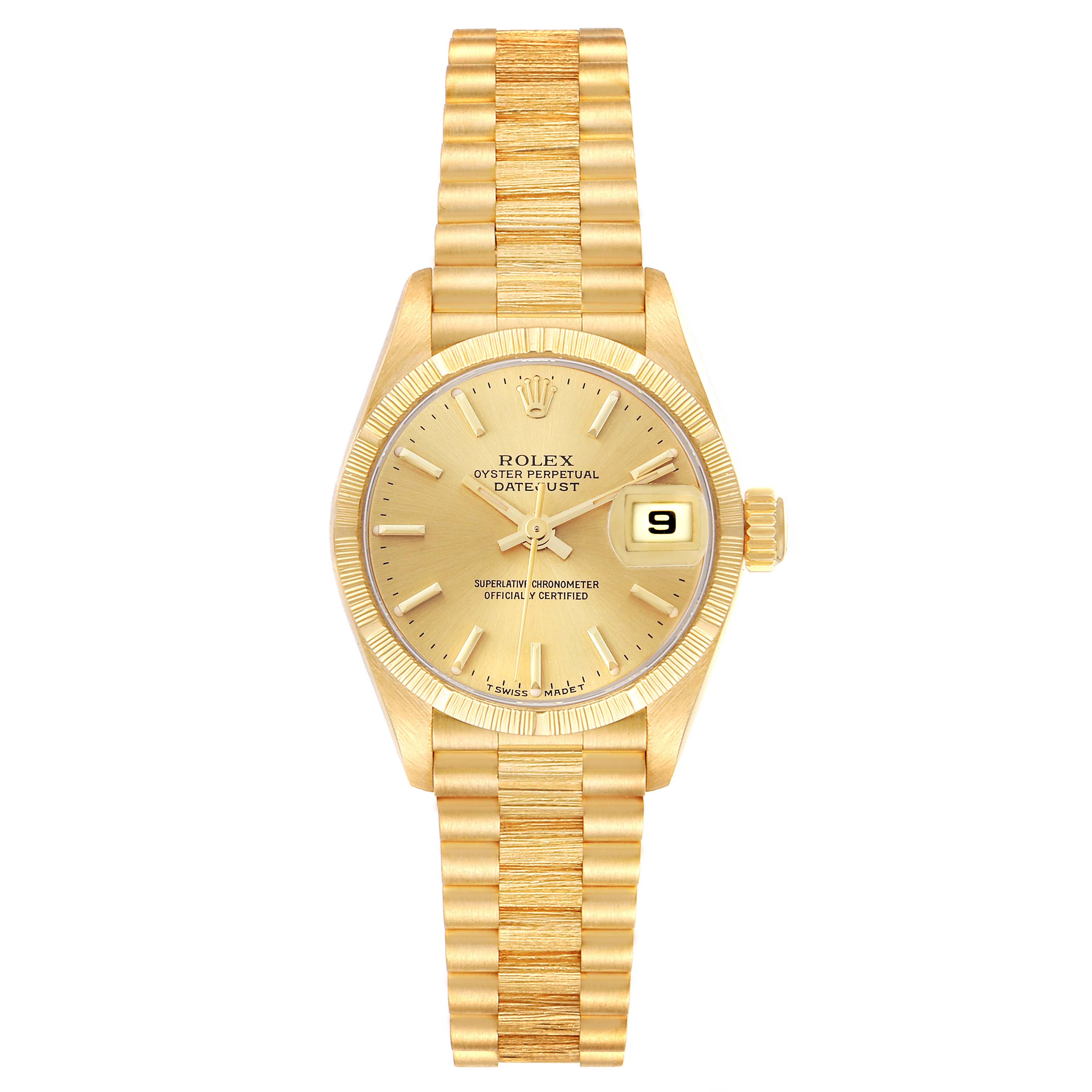 The Rolex President 69278 Women's Yellow Gold Champagne Dial 69278 Women's Yellow Gold Champagne Dial model watch is shown from a top-down angle, displaying the dial, bezel, and full bracelet.