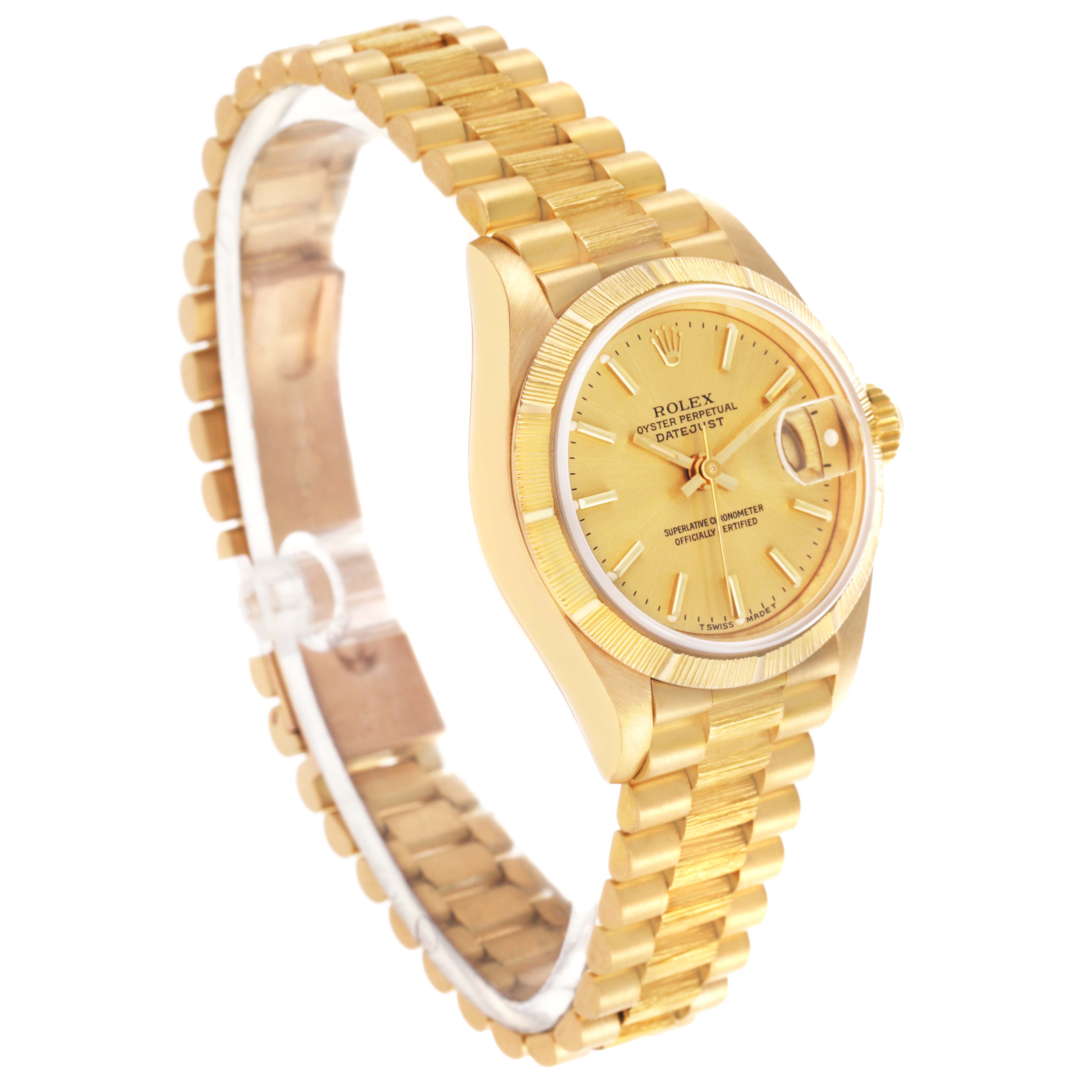 The image shows a Rolex President 69278 Women's Yellow Gold Champagne Dial 69278 Women's Yellow Gold Champagne Dial model watch at a three-quarter angle, highlighting its gold bracelet, dial, and case.