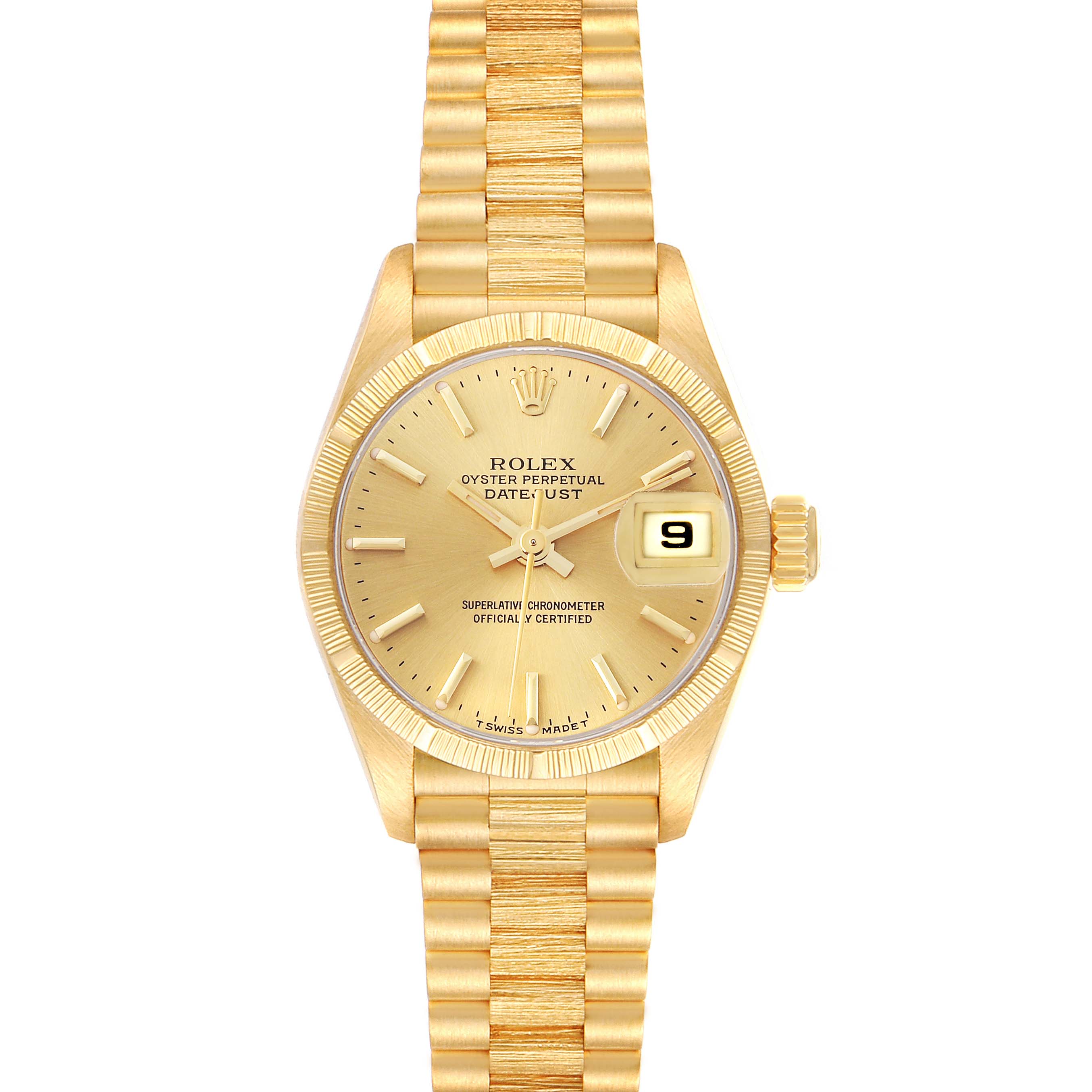The Rolex President 69278 Women's Yellow Gold Champagne Dial 69278 Women's Yellow Gold Champagne Dial model watch is shown from the front, featuring the dial, hands, date window, and bracelet.