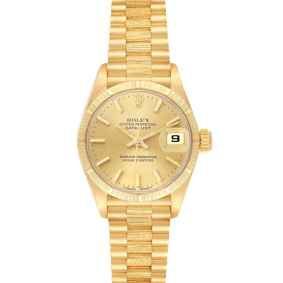 The Rolex President model watch is shown from the front, featuring the dial, hands, date window, and bracelet.