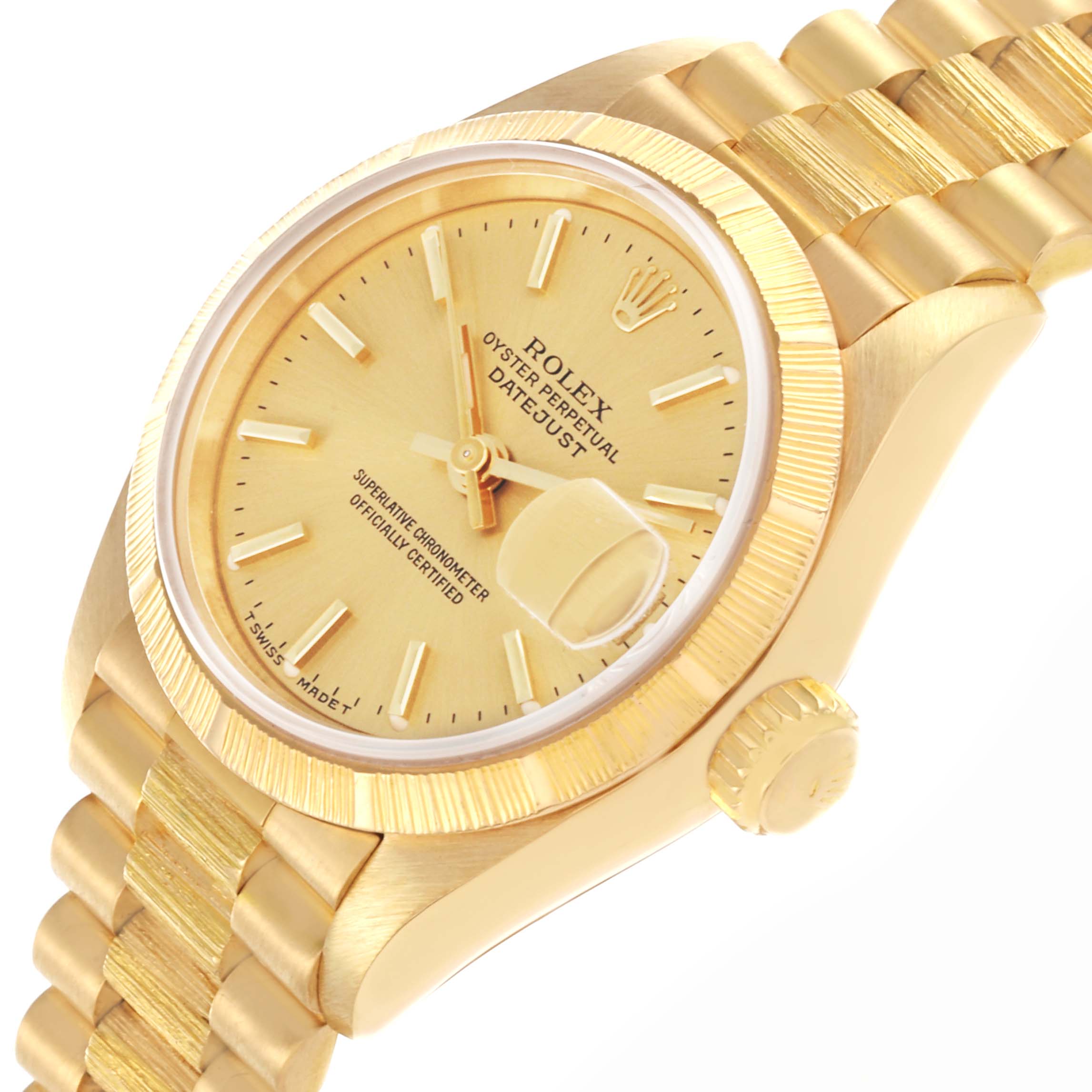 The Rolex President 69278 Women's Yellow Gold Champagne Dial 69278 Women's Yellow Gold Champagne Dial model watch is shown at a three-quarter angle, displaying the face, bezel, and bracelet.