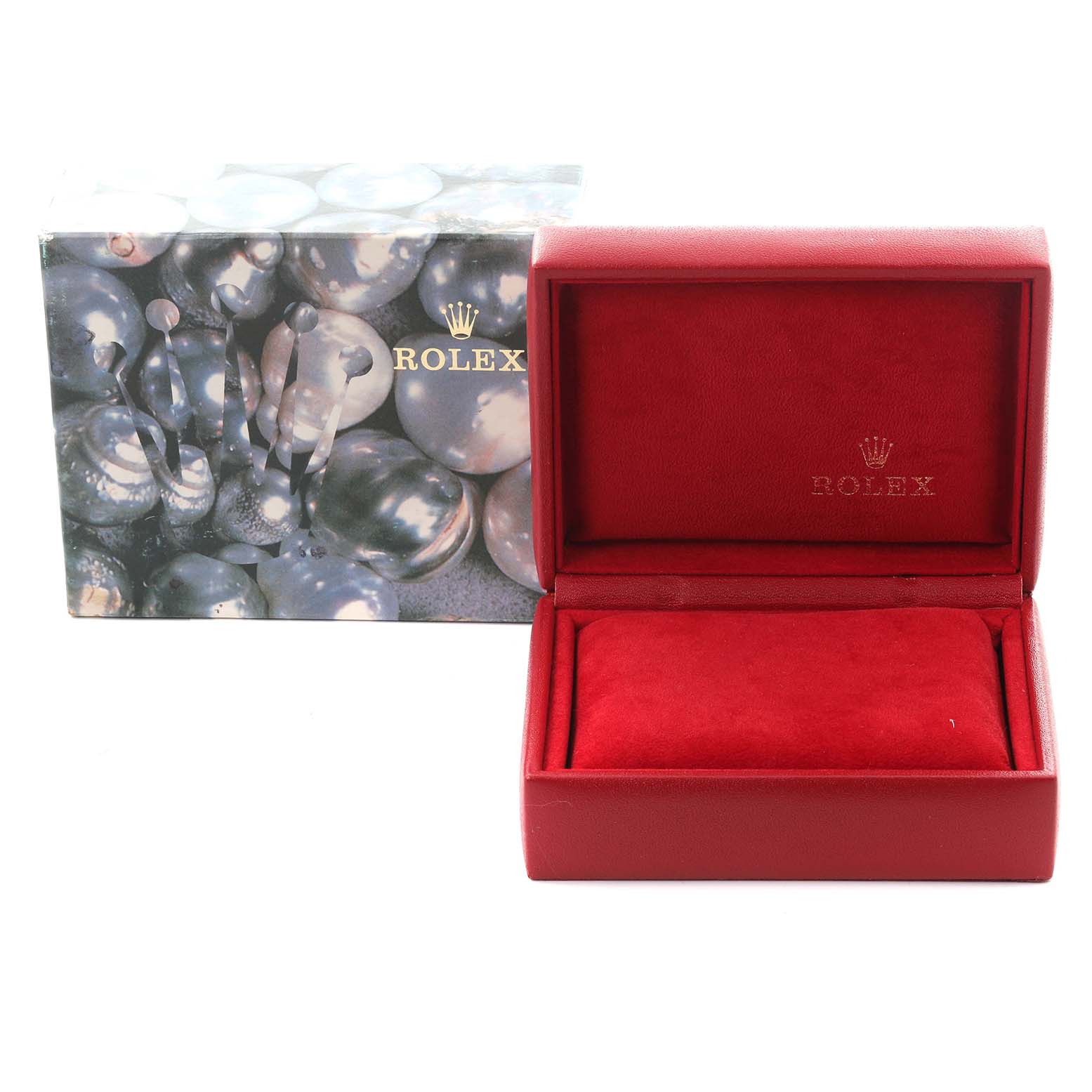 The image shows a Rolex President 69278 Women's Yellow Gold Champagne Dial 69278 Women's Yellow Gold Champagne Dial model watch box and outer packaging, with a red interior.