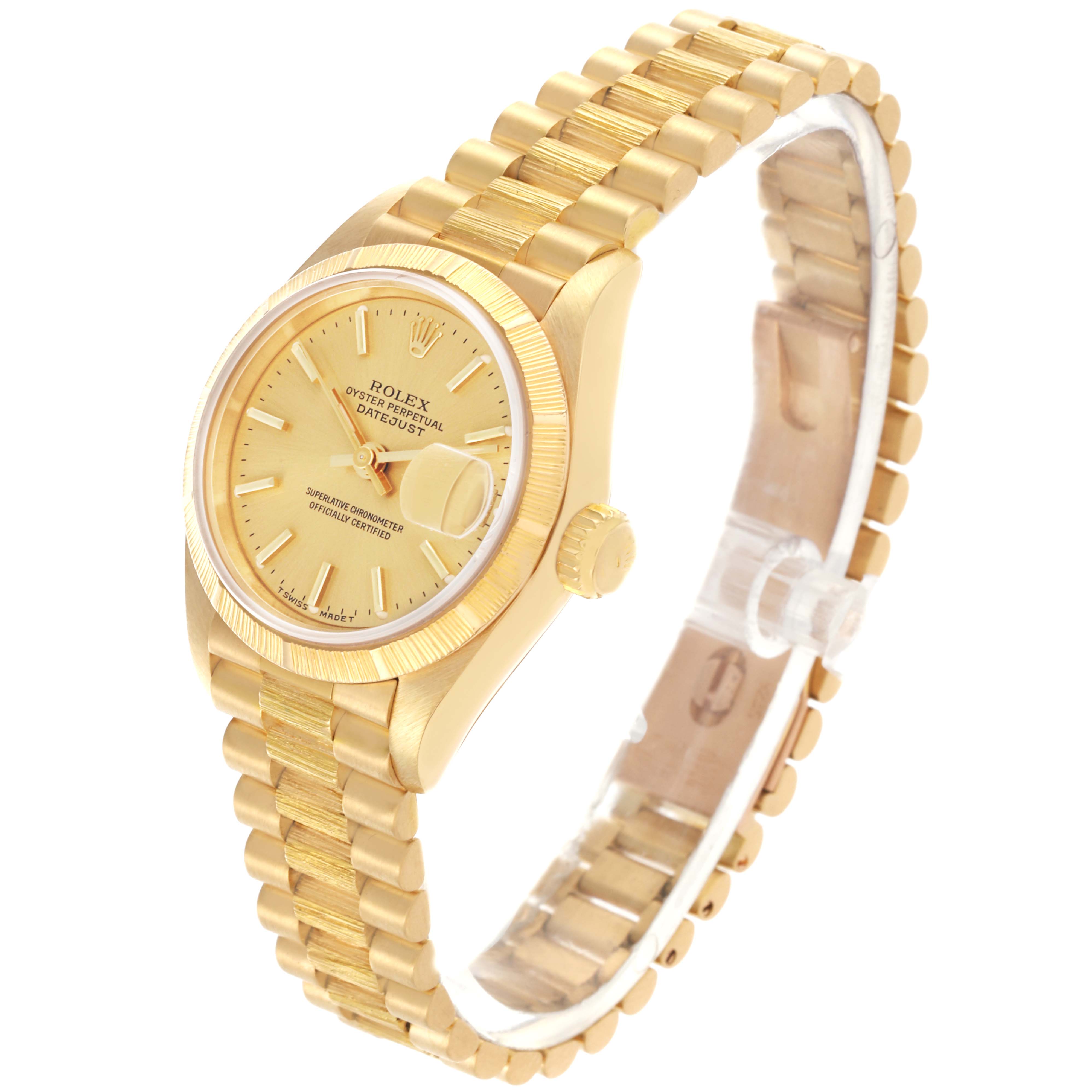 The Rolex President 69278 Women's Yellow Gold Champagne Dial 69278 Women's Yellow Gold Champagne Dial watch is shown at an angle displaying the dial, bezel, crown, and partial bracelet.