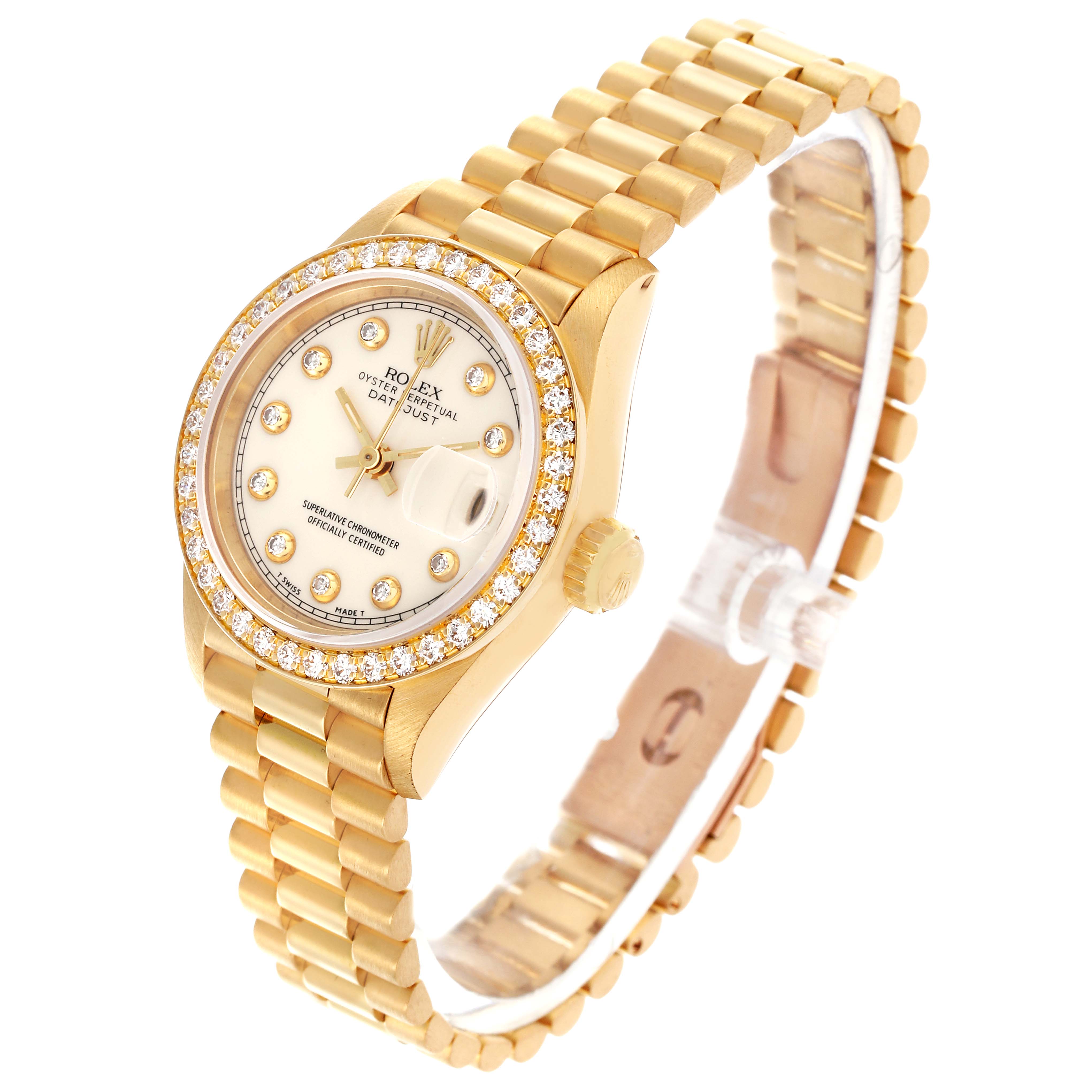 The Rolex President 69138 Women's Yellow Gold White Dial 69138 Women's Yellow Gold White Dial watch is shown at a three-quarter angle, displaying the dial, bezel, bracelet, and crown.