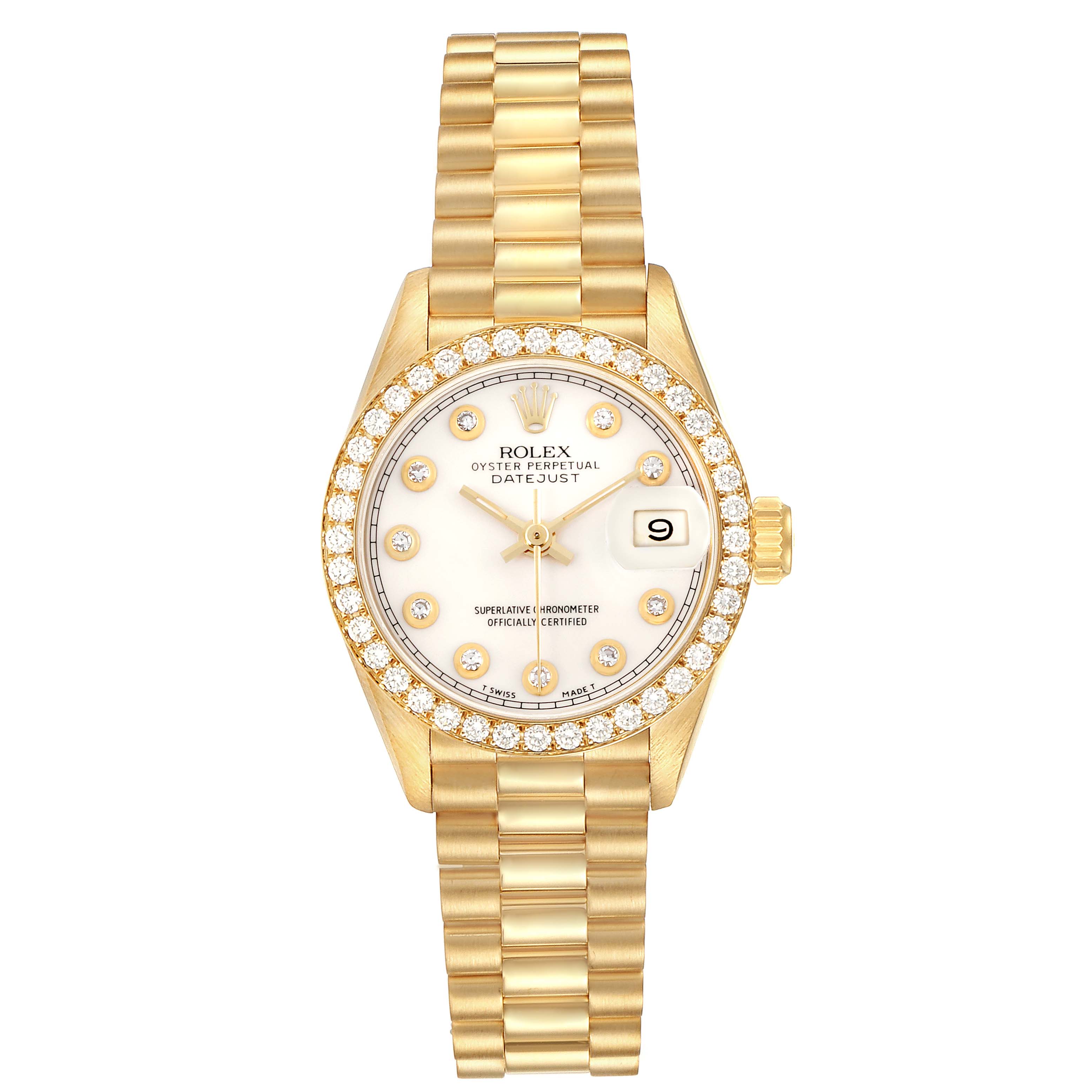 The Rolex President 69138 Women's Yellow Gold White Dial 69138 Women's Yellow Gold White Dial model is shown from a top-down angle, displaying the face, bezel, and bracelet clearly.