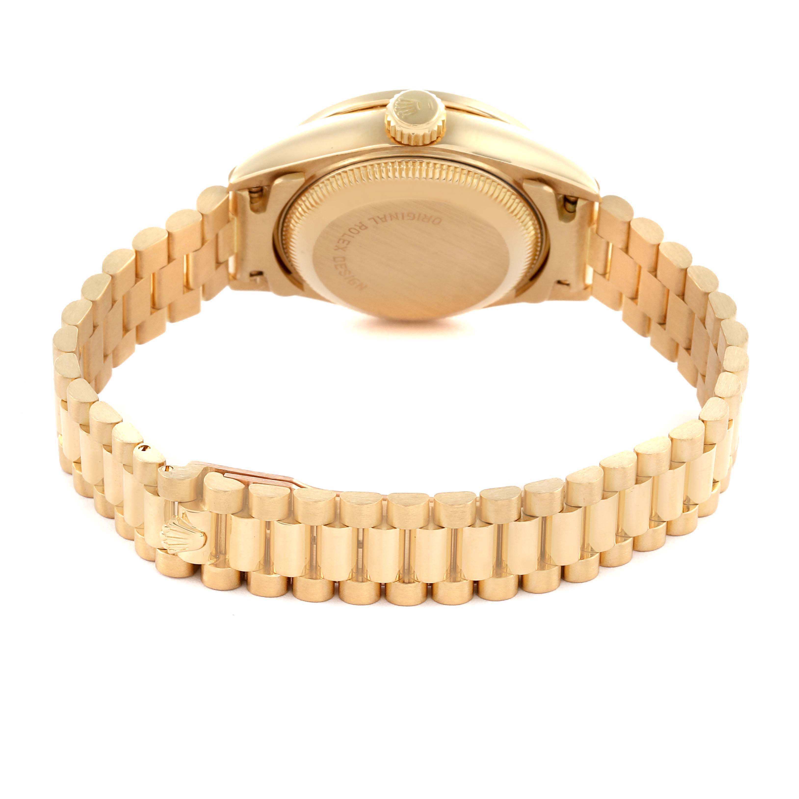 The image shows the back view of the Rolex President 69138 Women's Yellow Gold White Dial 69138 Women's Yellow Gold White Dial model, highlighting the case back and bracelet.