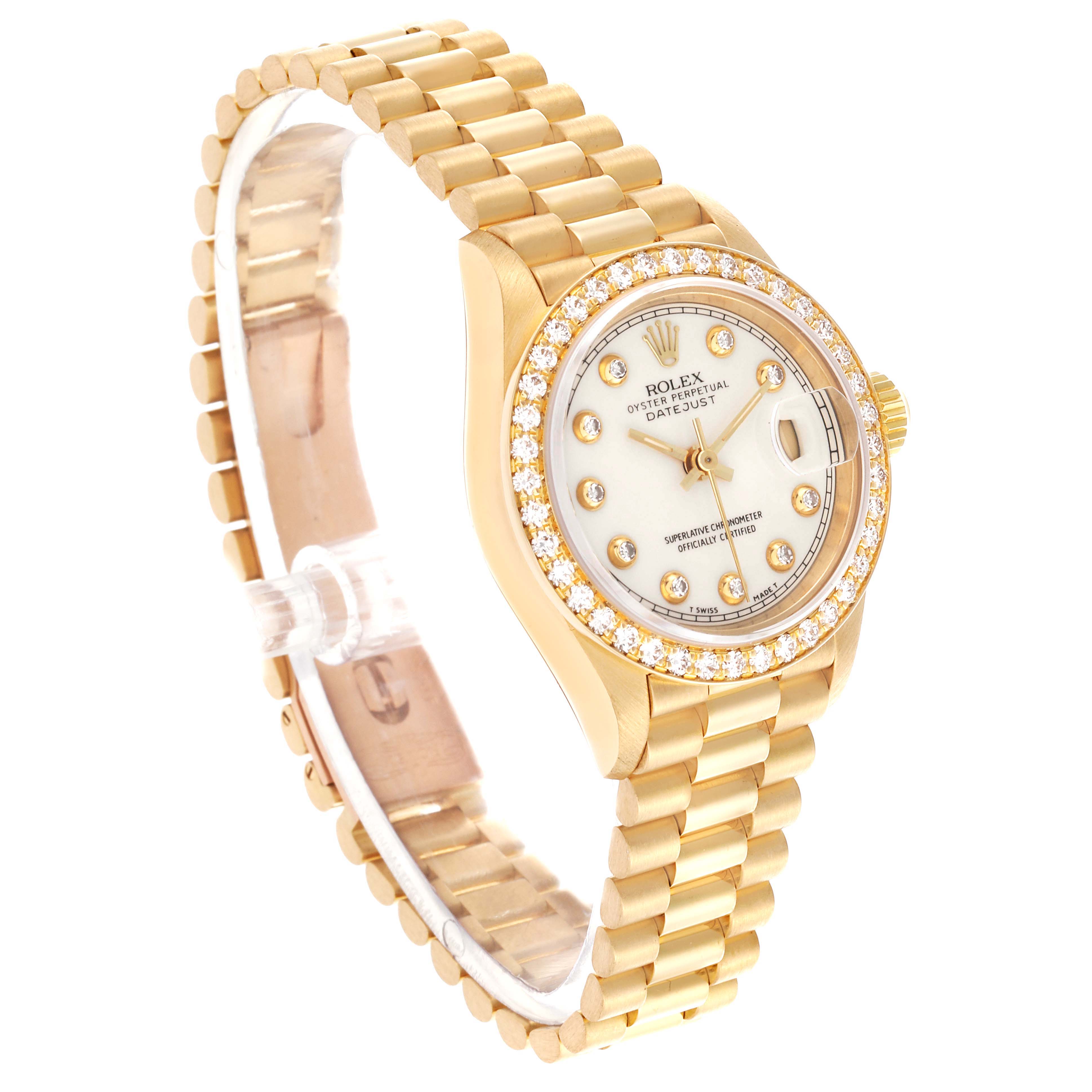The Rolex President 69138 Women's Yellow Gold White Dial 69138 Women's Yellow Gold White Dial model watch is shown at a slight top-side angle, displaying the face, bezel, and bracelet.