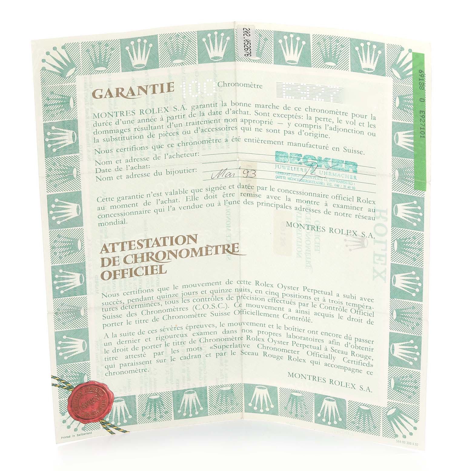 The image shows a warranty certificate for a Rolex President 69138 Women's Yellow Gold White Dial 69138 Women's Yellow Gold White Dial model, viewed from the front.