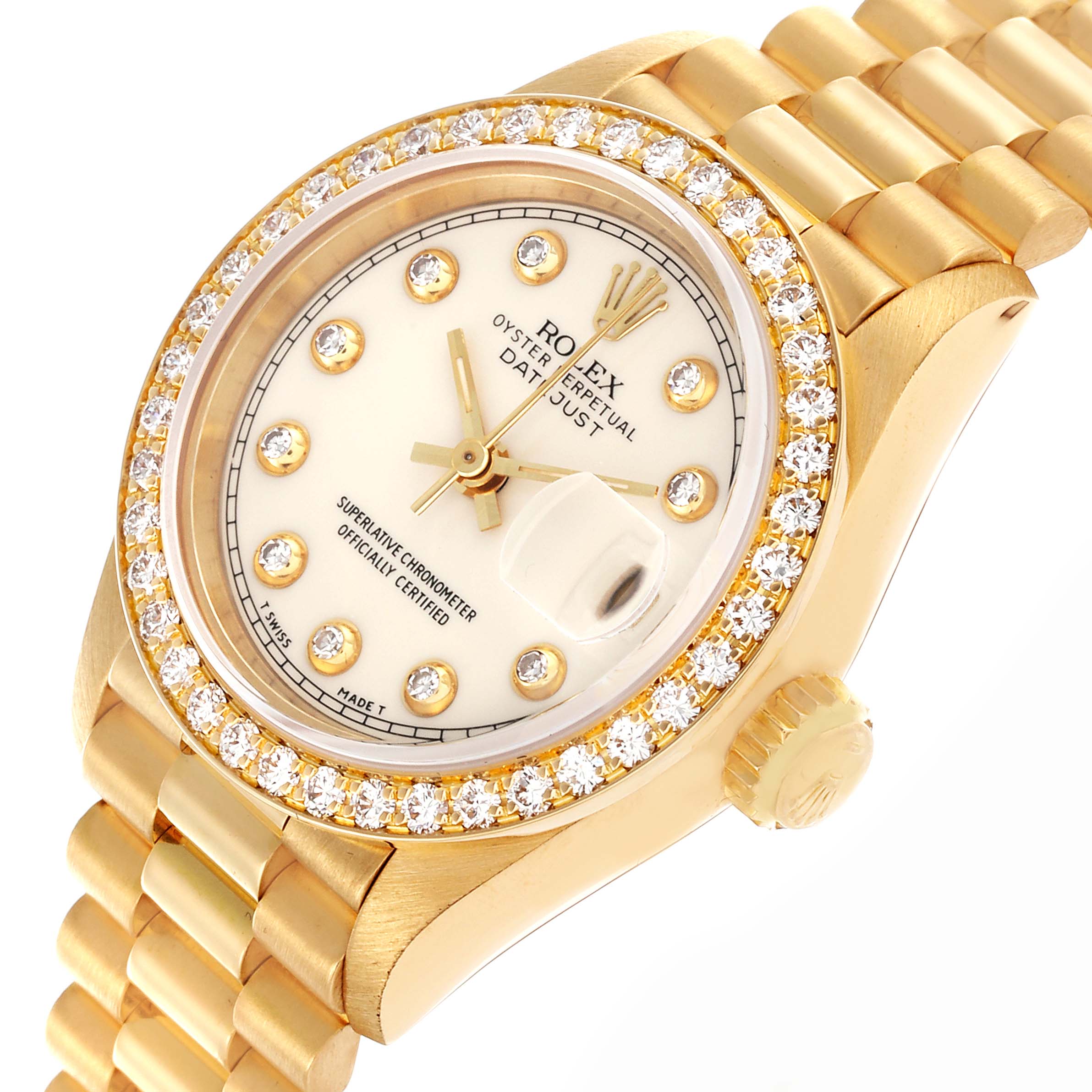 The Rolex President 69138 Women's Yellow Gold White Dial 69138 Women's Yellow Gold White Dial model watch is shown at a slight angle, highlighting the face, bezel, crown, and part of the bracelet.