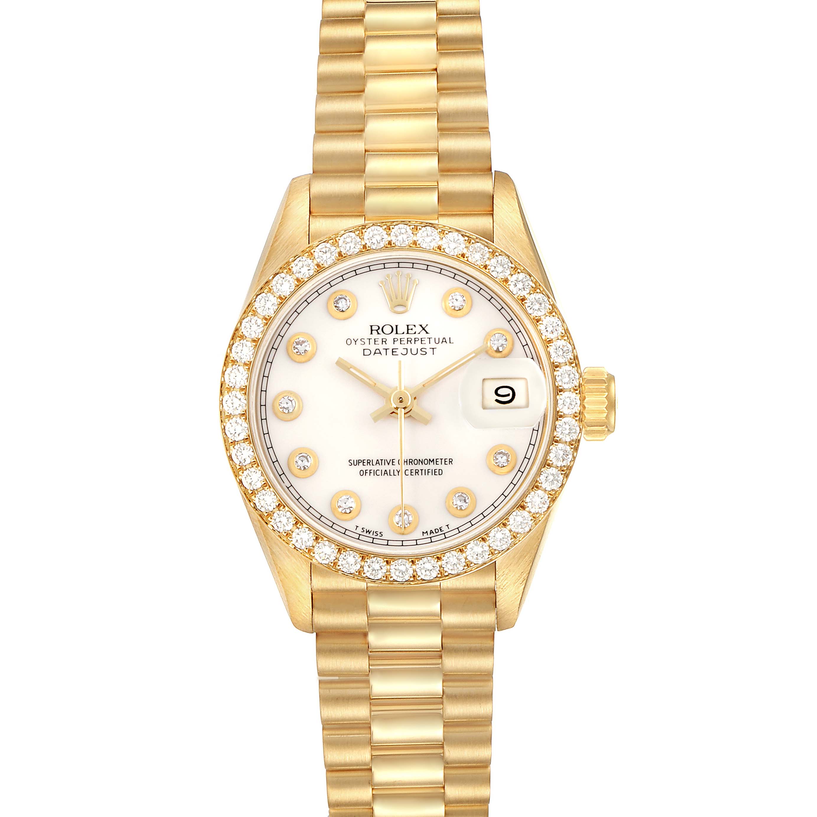 The Rolex President 69138 Women's Yellow Gold White Dial 69138 Women's Yellow Gold White Dial model watch is shown from the front, displaying the face, bezel, dial, and bracelet.