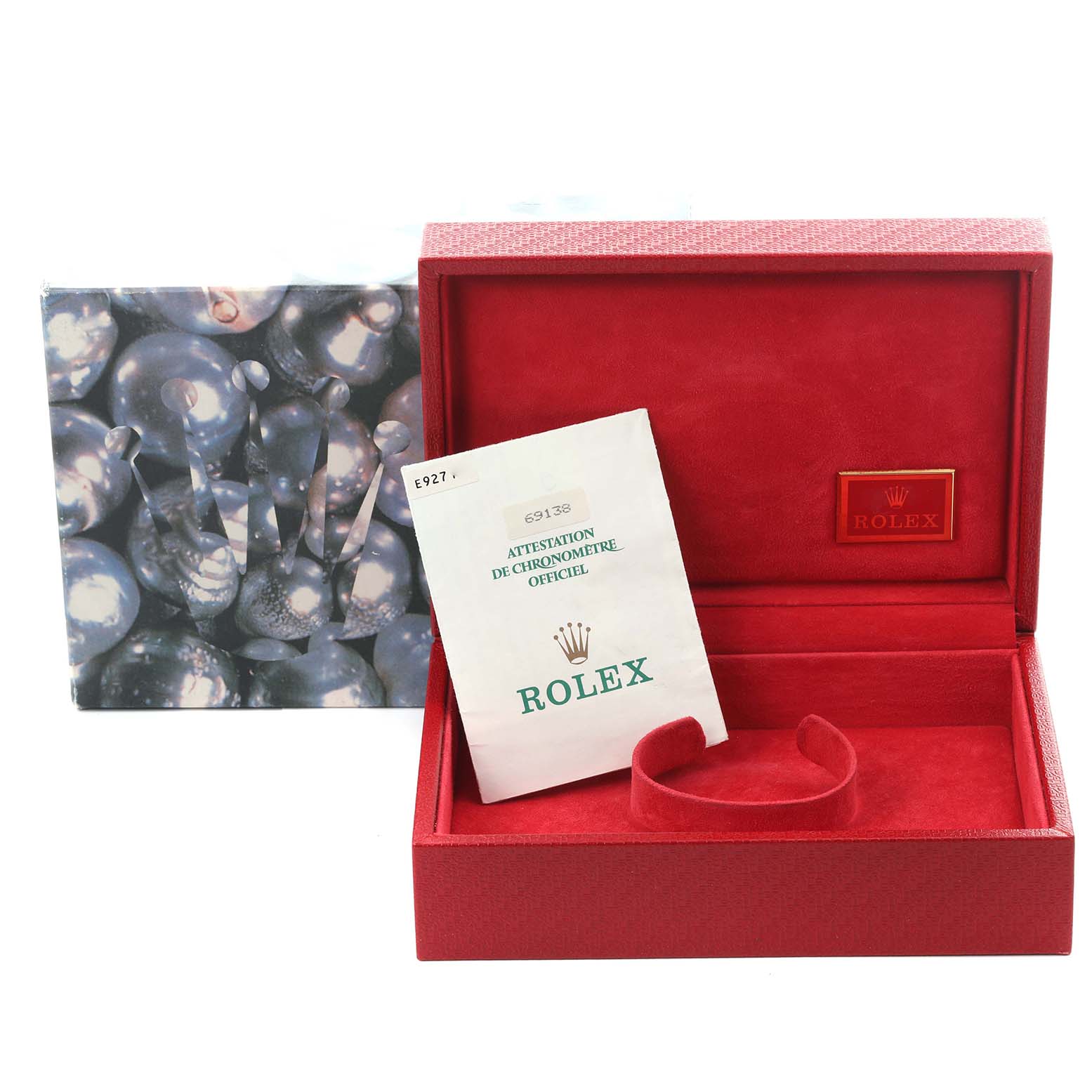 The image shows the packaging, a certificate, and a cushion for the Rolex President 69138 Women's Yellow Gold White Dial 69138 Women's Yellow Gold White Dial model watch.