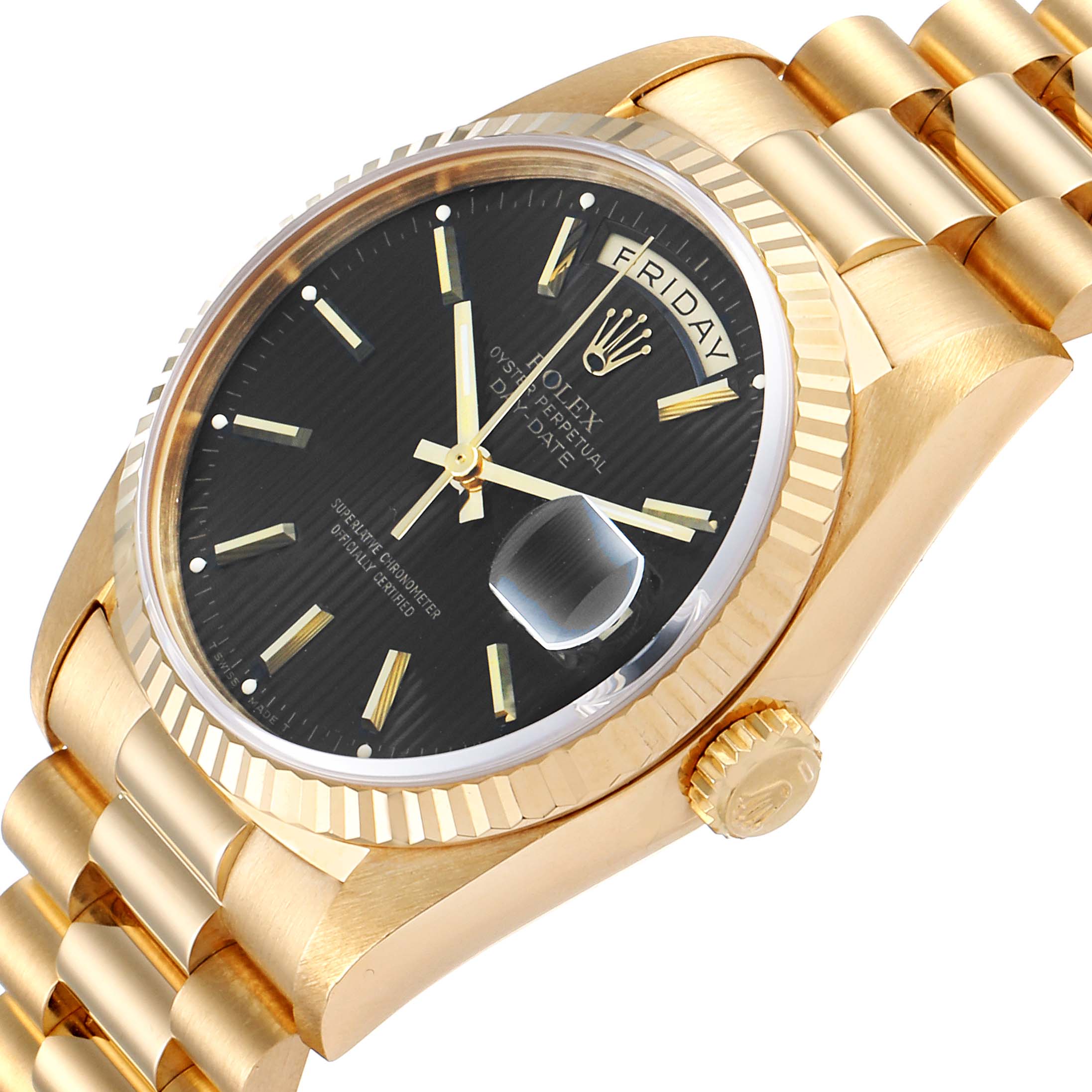 This image shows a Rolex President 18238 Men's Yellow Gold Black Dial 18238 Men's Yellow Gold Black Dial model watch at an oblique angle, displaying its face, bezel, crown, and part of its bracelet.