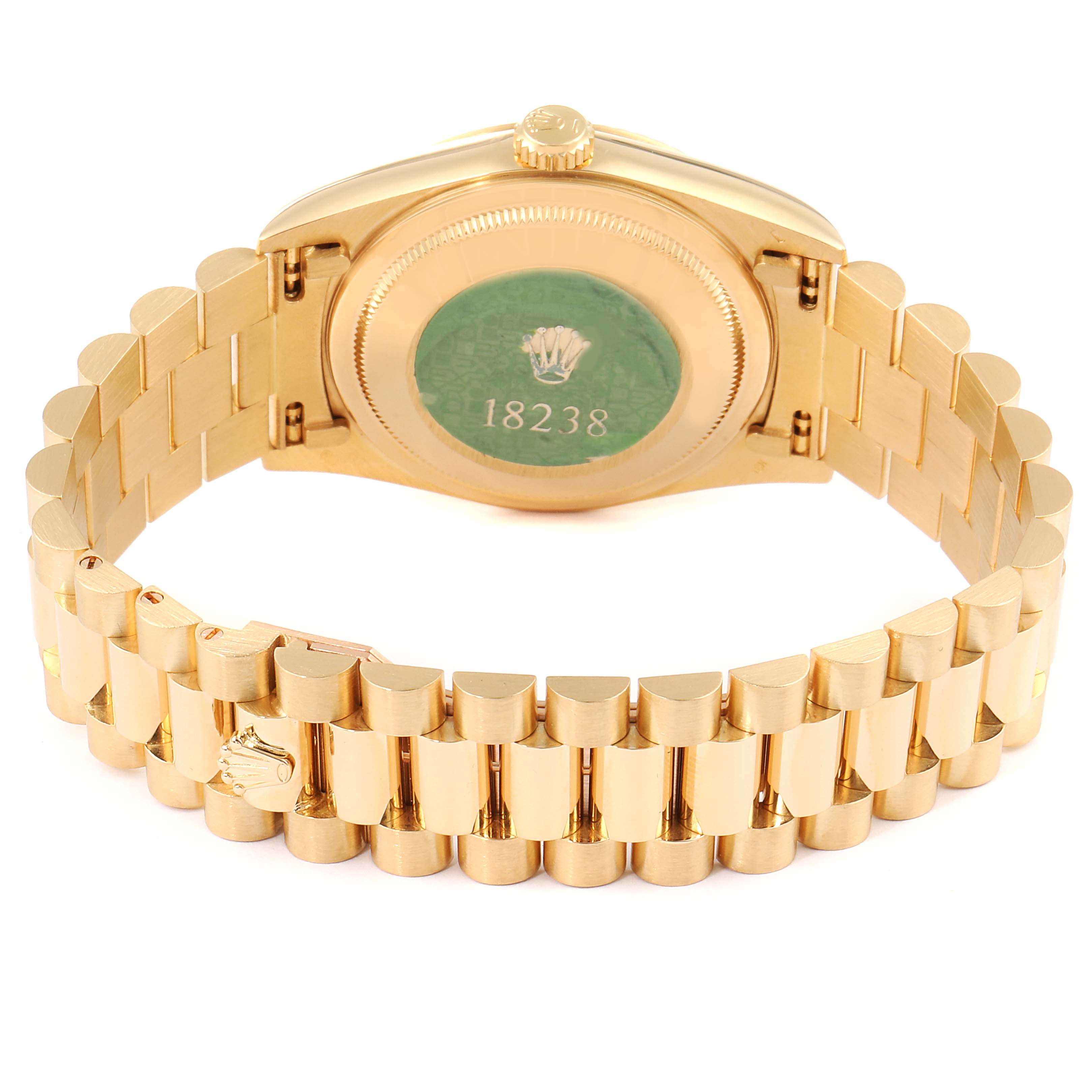 The image shows the back view of the Rolex President 18238 Men's Yellow Gold Black Dial 18238 Men's Yellow Gold Black Dial model watch, highlighting its gold case and bracelet.
