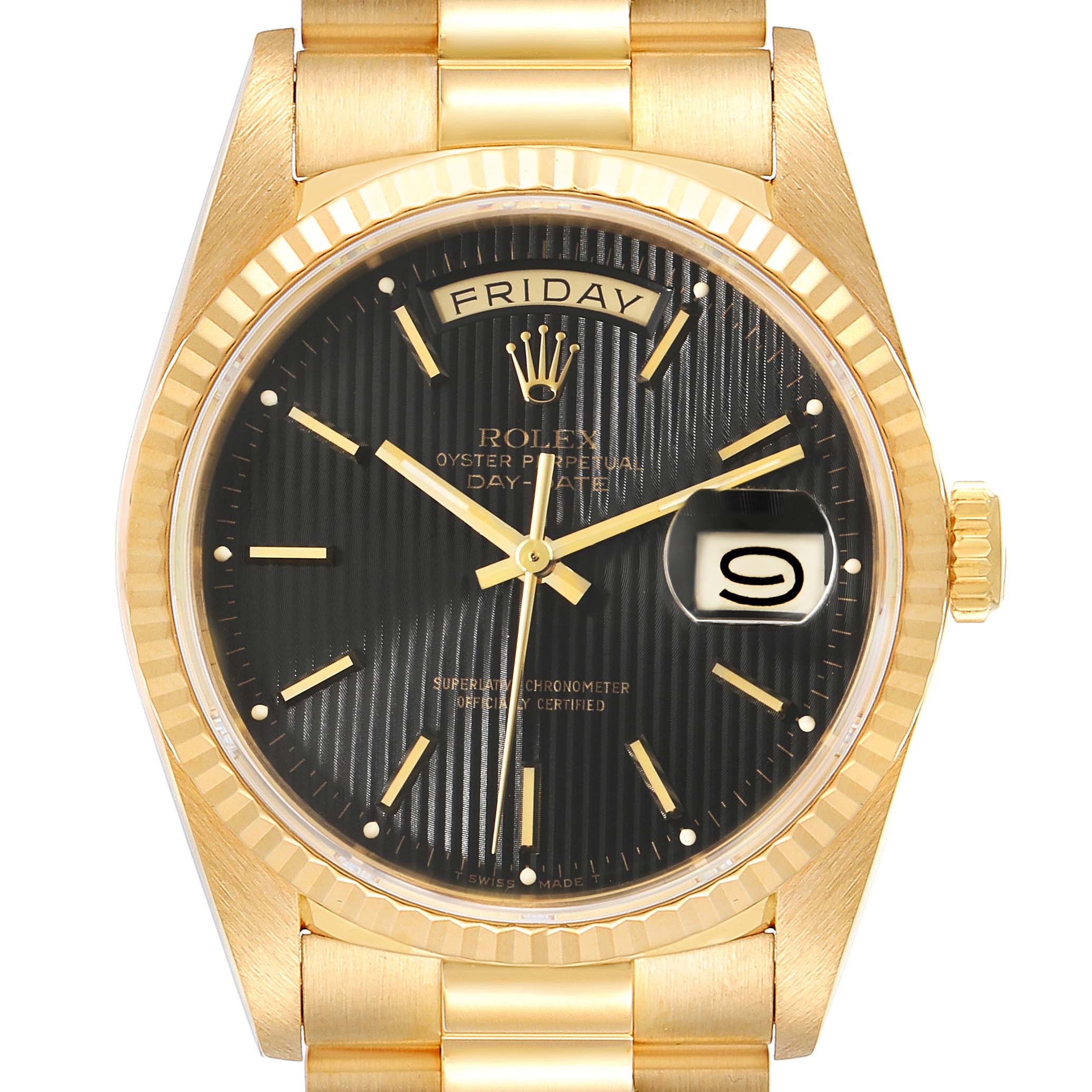 The Rolex President 18238 Men's Yellow Gold Black Dial 18238 Men's Yellow Gold Black Dial model watch is shown from the front, highlighting its gold case, black dial, date display, and part of the bracelet.