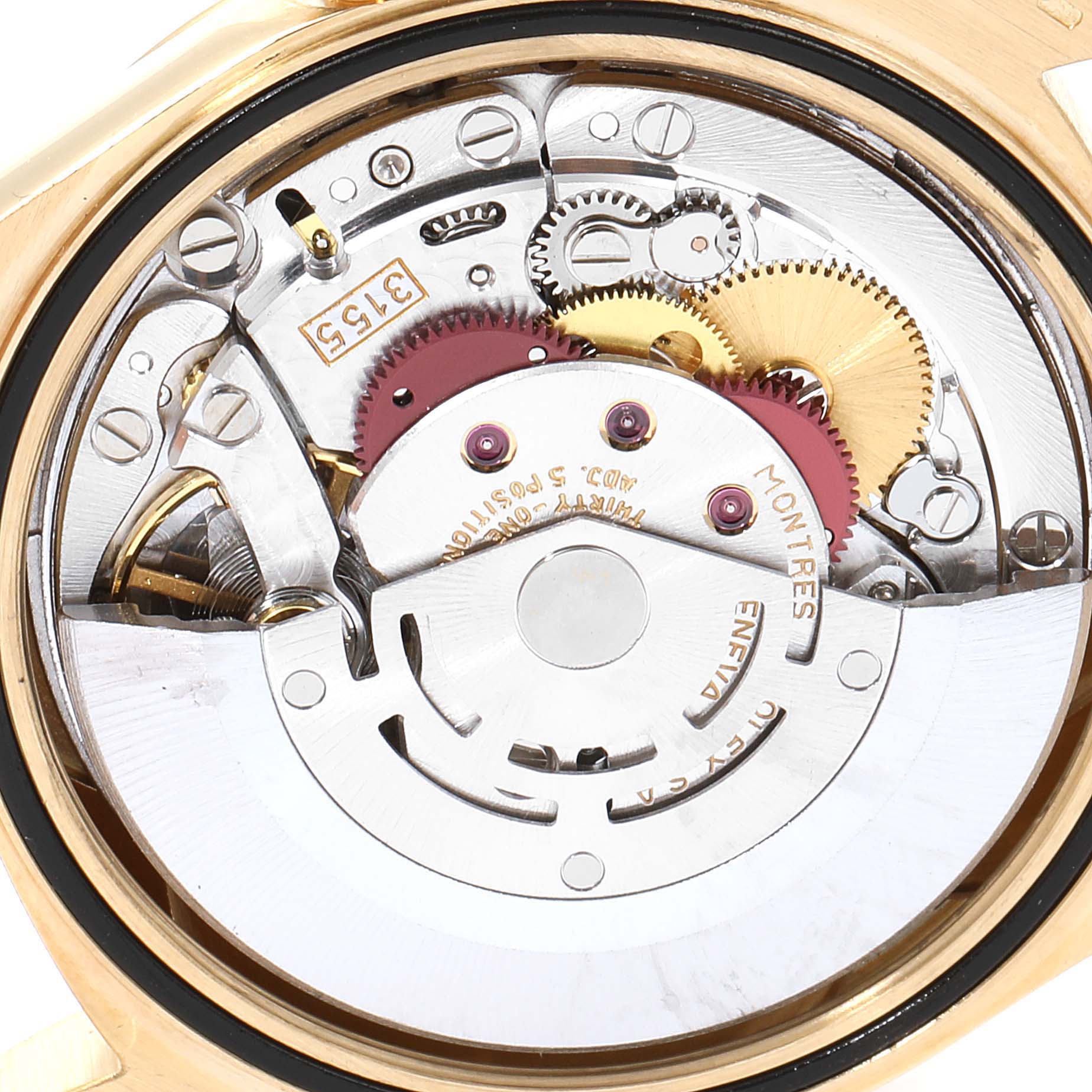 The image shows a close-up view of the internal mechanical movement of a Rolex President 18238 Men's Yellow Gold Black Dial 18238 Men's Yellow Gold Black Dial model watch.