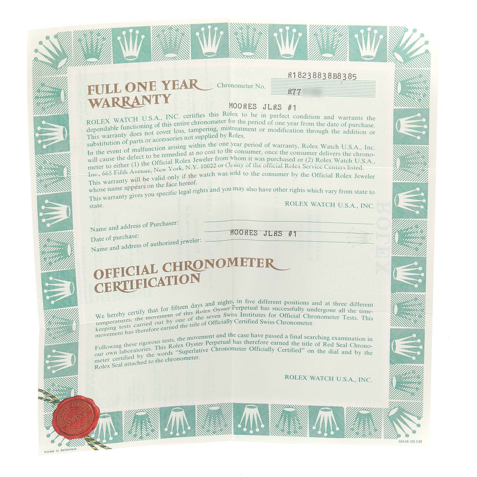 This image shows the full one-year warranty certificate and official chronometer certification for the Rolex President 18238 Men's Yellow Gold Black Dial 18238 Men's Yellow Gold Black Dial model.