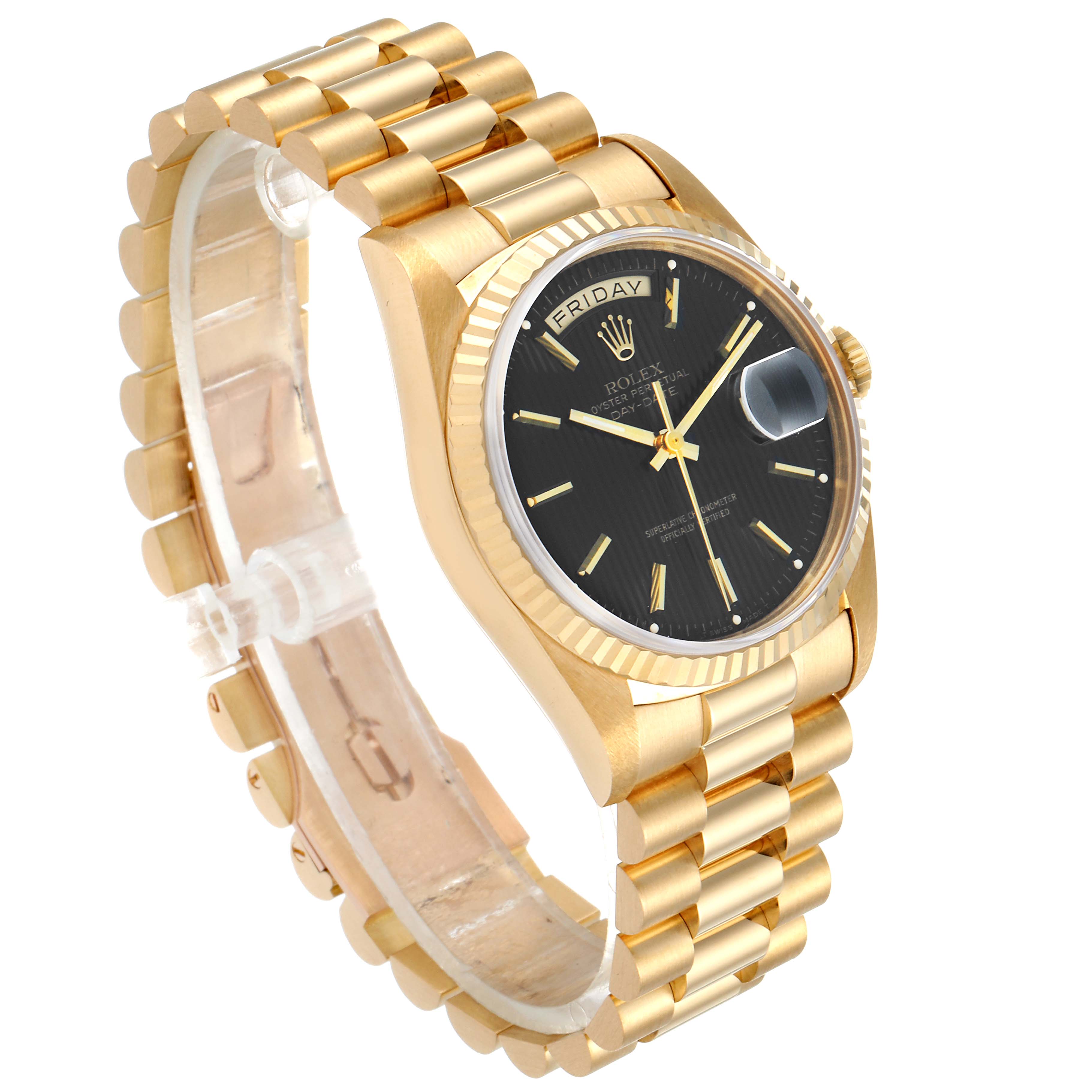 The image shows a Rolex President 18238 Men's Yellow Gold Black Dial 18238 Men's Yellow Gold Black Dial model watch at a three-quarter angle, highlighting the gold bracelet, black dial, and fluted bezel.