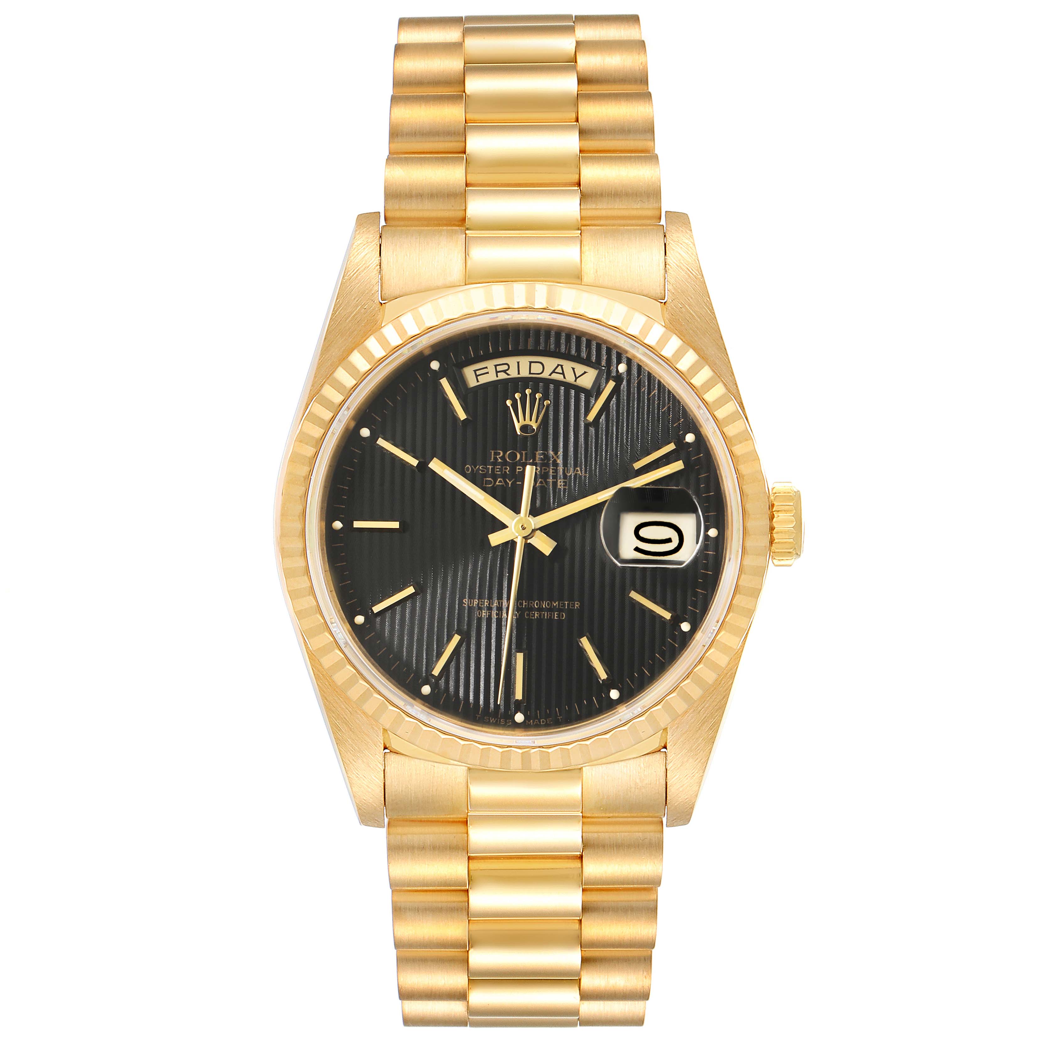This image shows a front view of a Rolex President 18238 Men's Yellow Gold Black Dial 18238 Men's Yellow Gold Black Dial model watch with a gold bracelet, black dial, day, and date display.