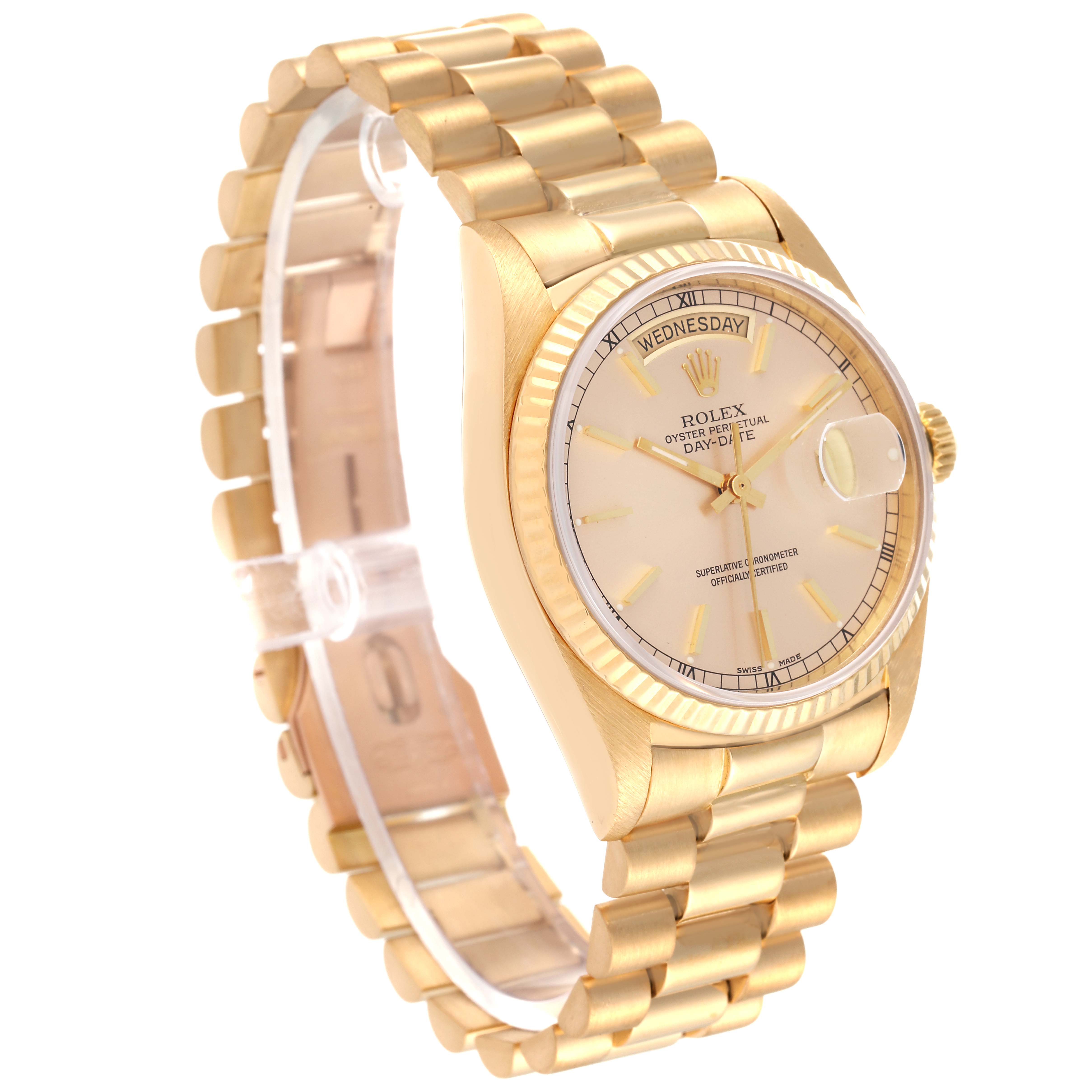The Rolex President 18038 Men
s Yellow Gold Champagne Dial 18038 Men
s Yellow Gold Champagne Dial model watch is shown at an angle highlighting the watch face, bezel, and bracelet.