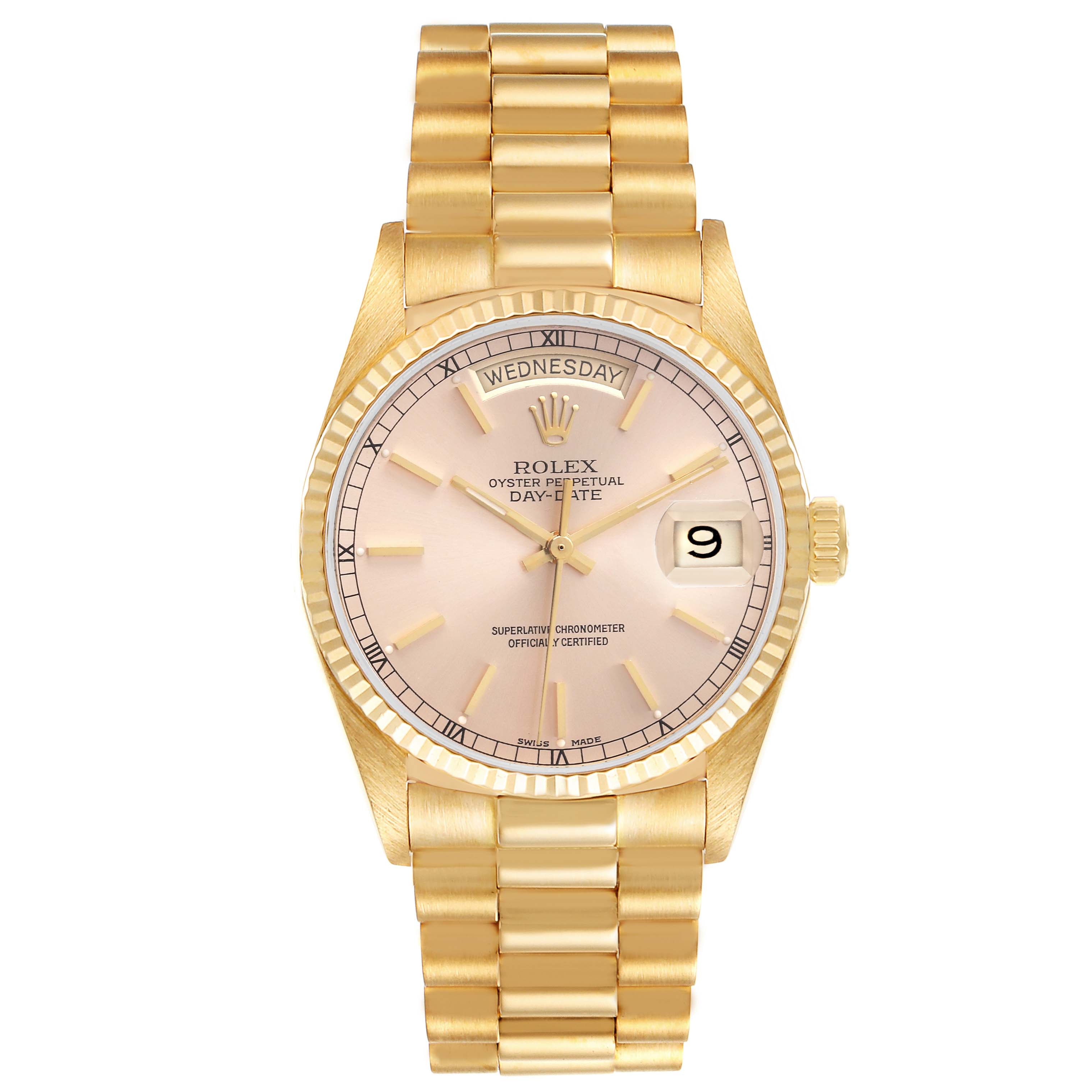 The Rolex President 18038 Men
s Yellow Gold Champagne Dial 18038 Men
s Yellow Gold Champagne Dial model watch is shown from the front, displaying the face, band, and crown.