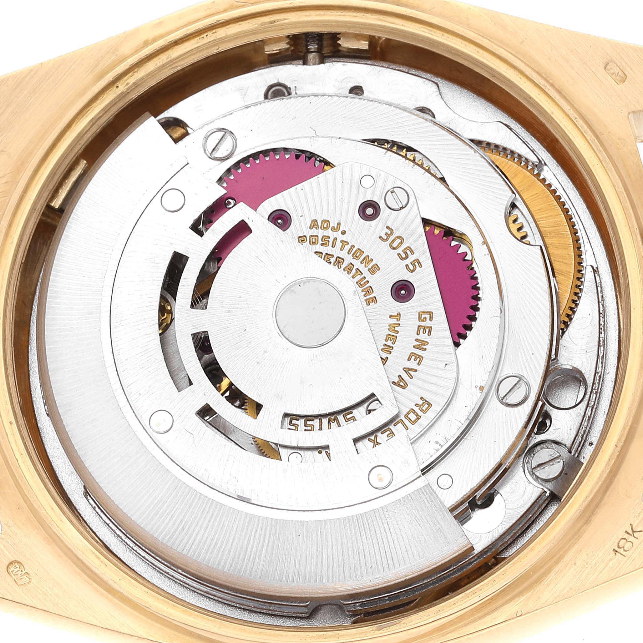 The image shows a close-up of the movement mechanism of a Rolex President 18038 Men
s Yellow Gold Champagne Dial 18038 Men
s Yellow Gold Champagne Dial model watch.